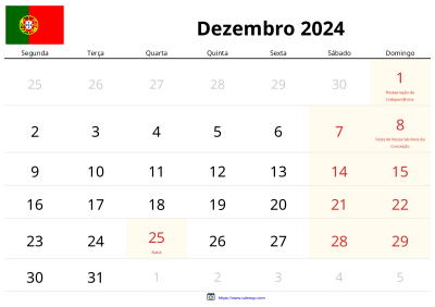 Calendário de Dezembro de 2024 para Portugal - Feriados e PDF Grátis ...