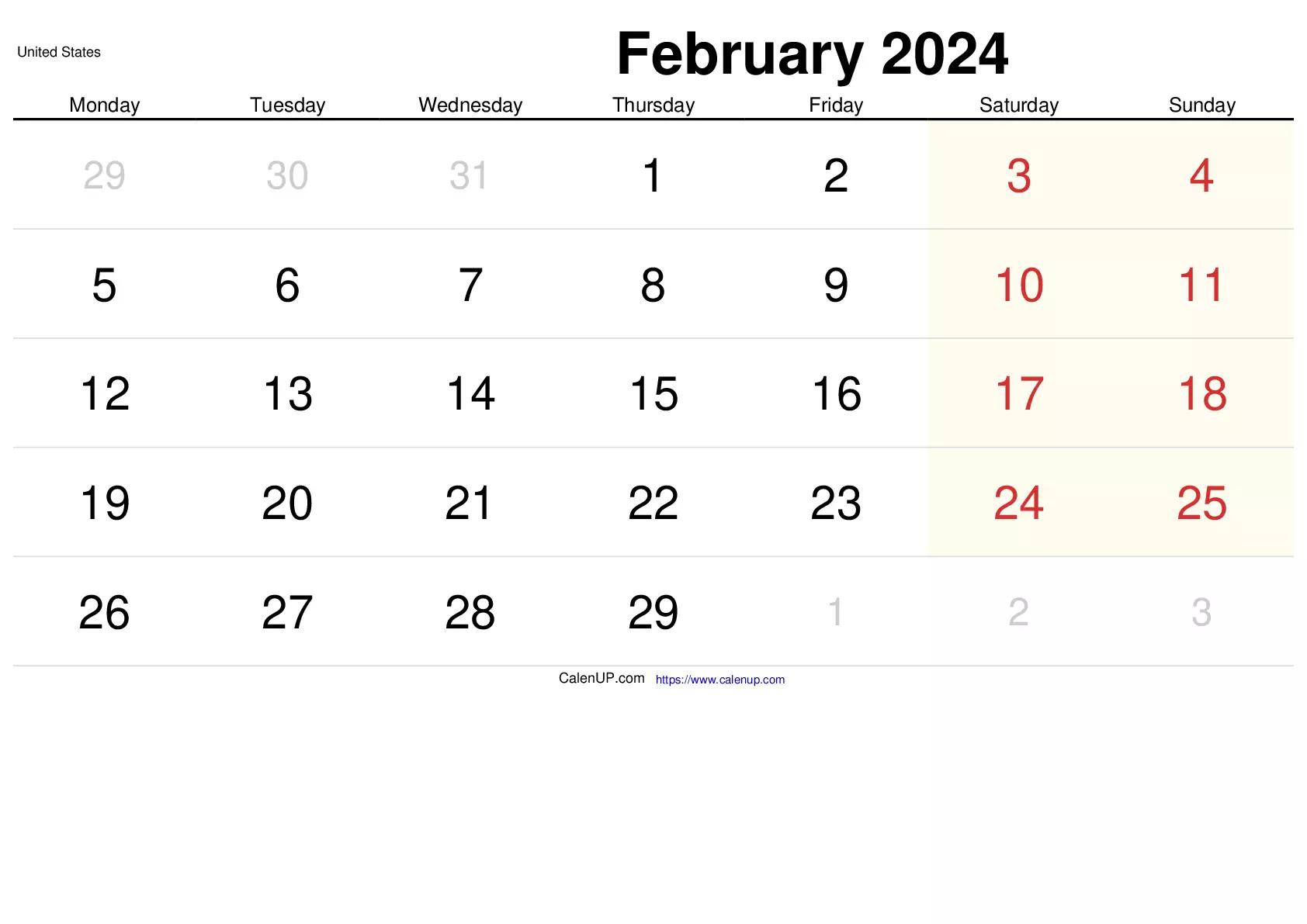 February 2024 Calendar Printable for United States CalenUP