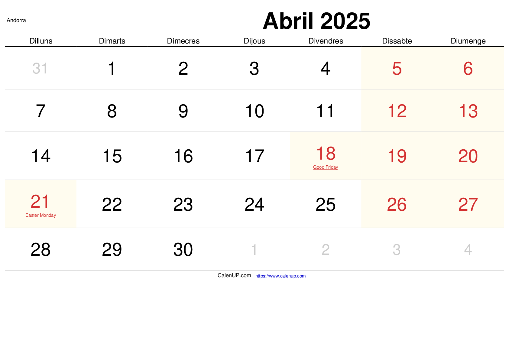 Calendari Abril 2025