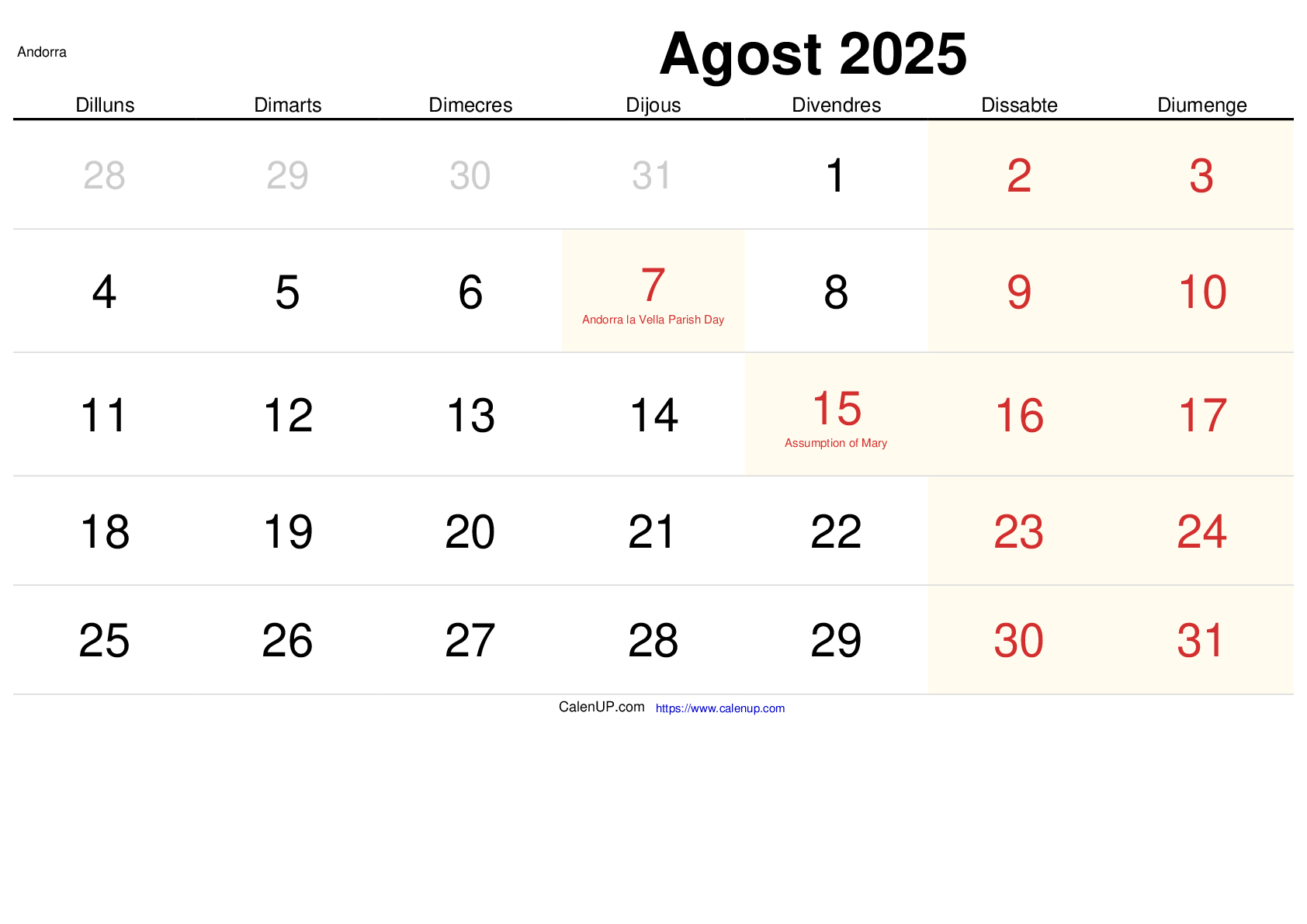 Calendari Agost 2025