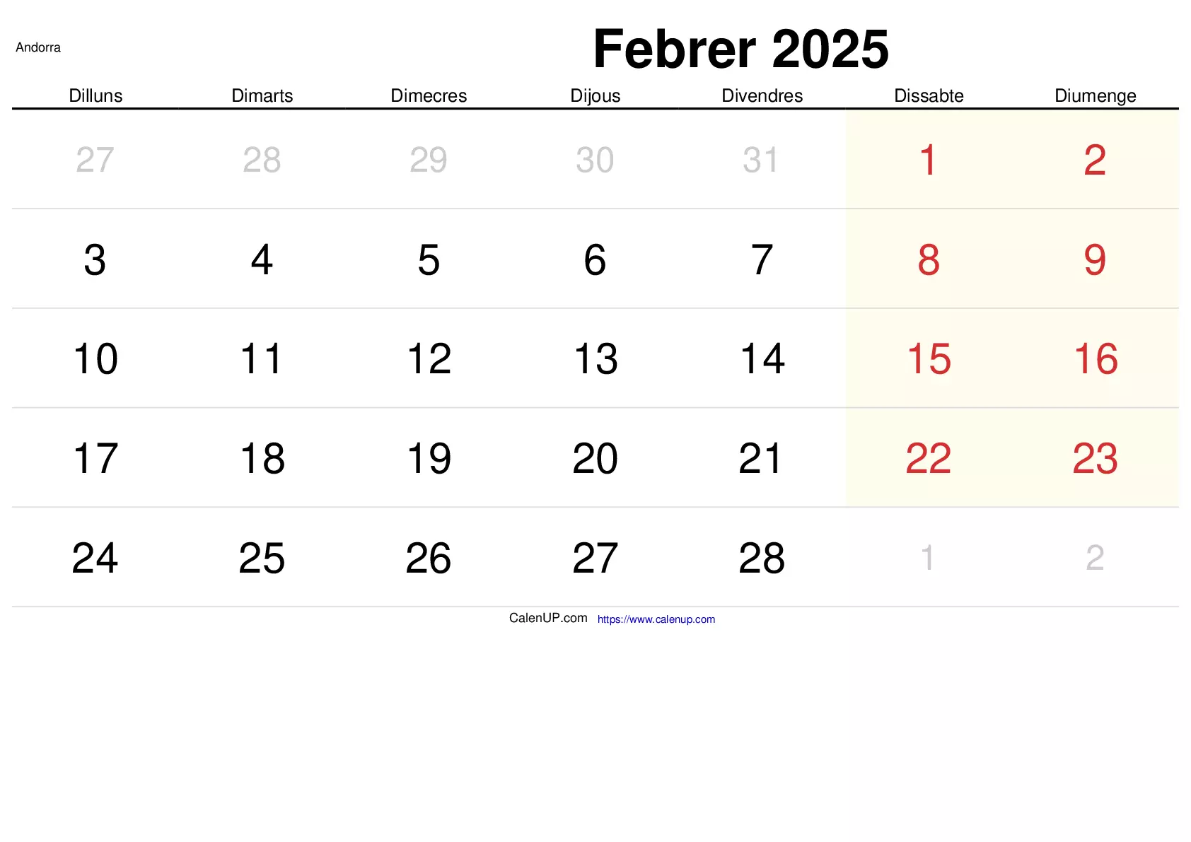 February 2025 Calendar Printable for Andorra CalenUP