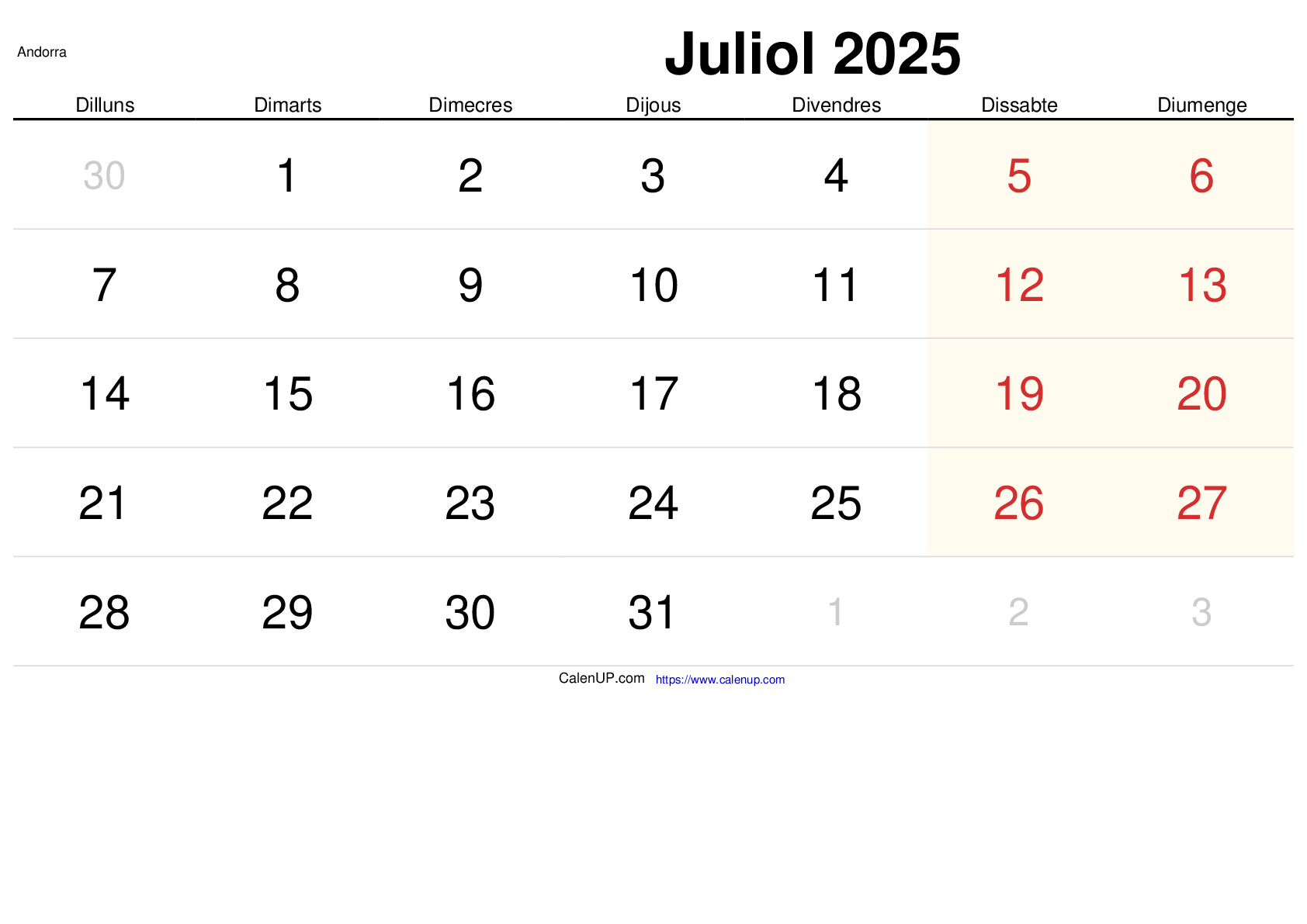 Calendari Juliol 2025