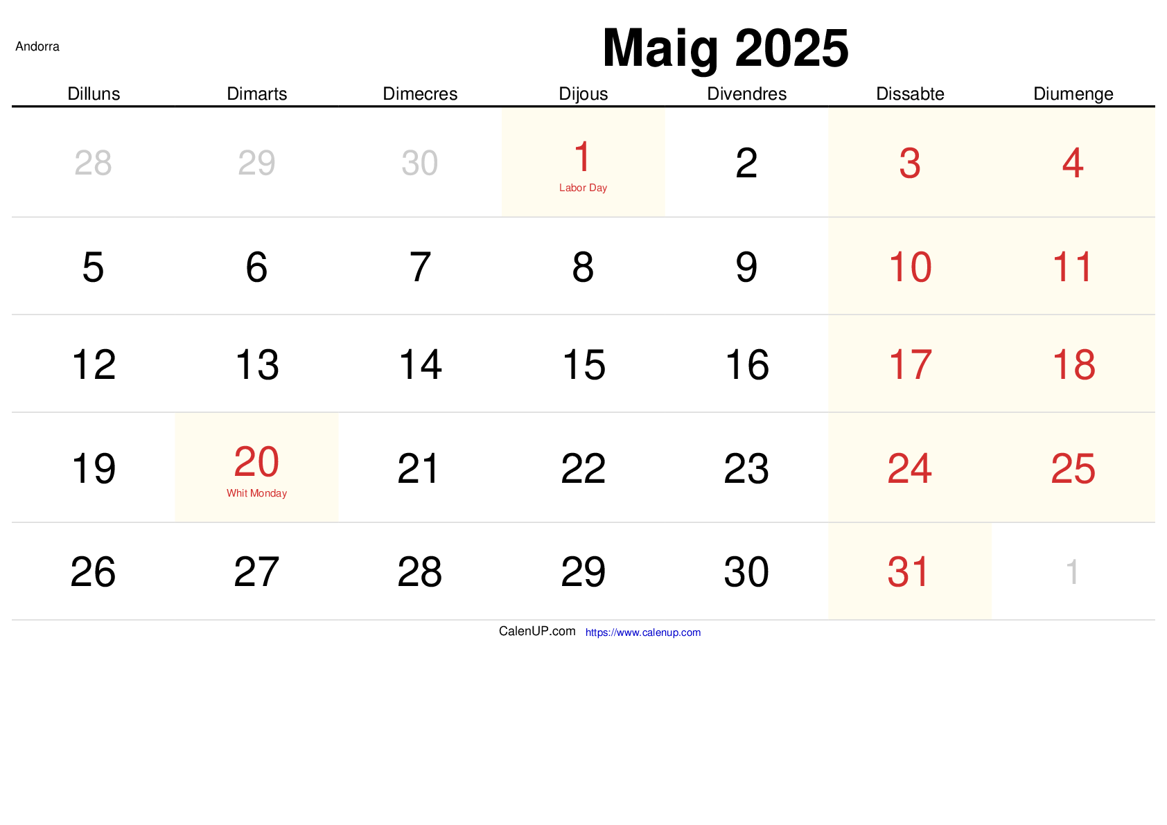 Calendari Maig 2025