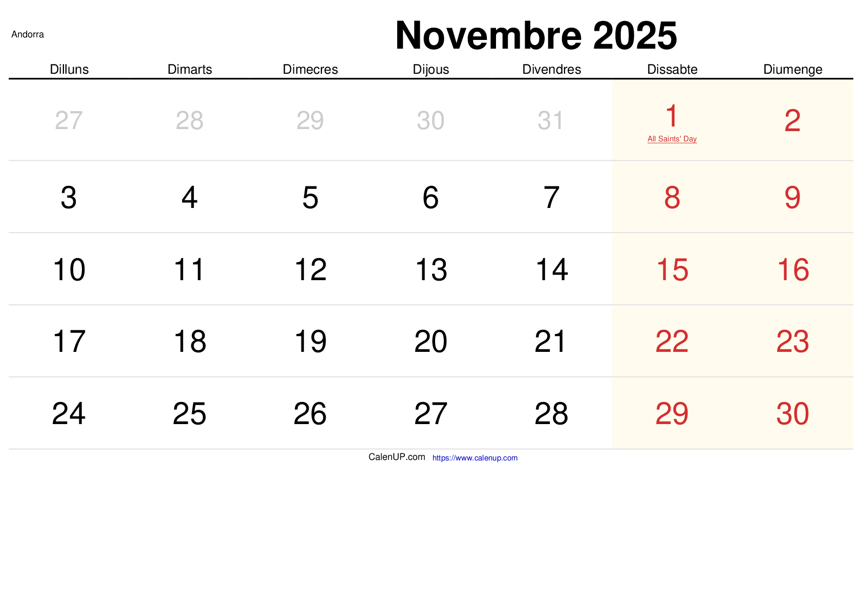 Calendari Novembre 2025