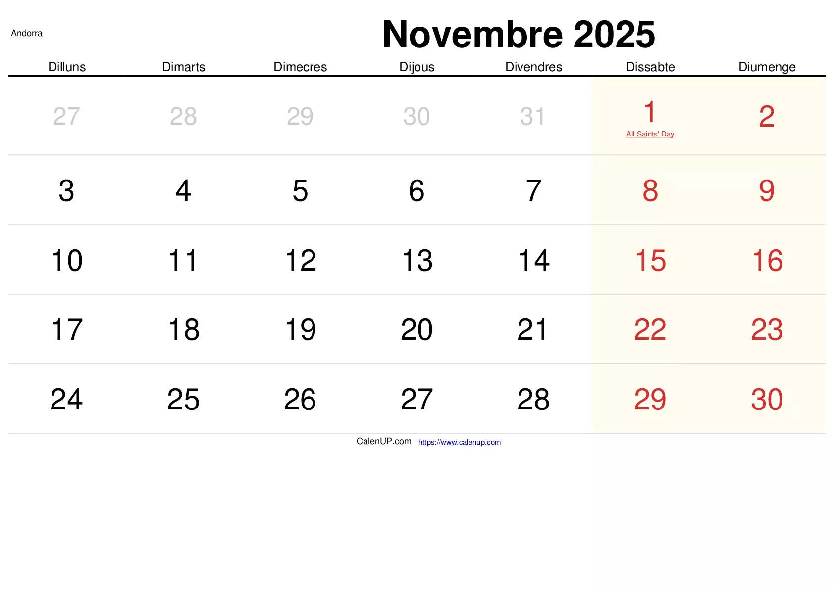 Calendário de Novembro de 2025 para Imprimir Andorra CalenUP