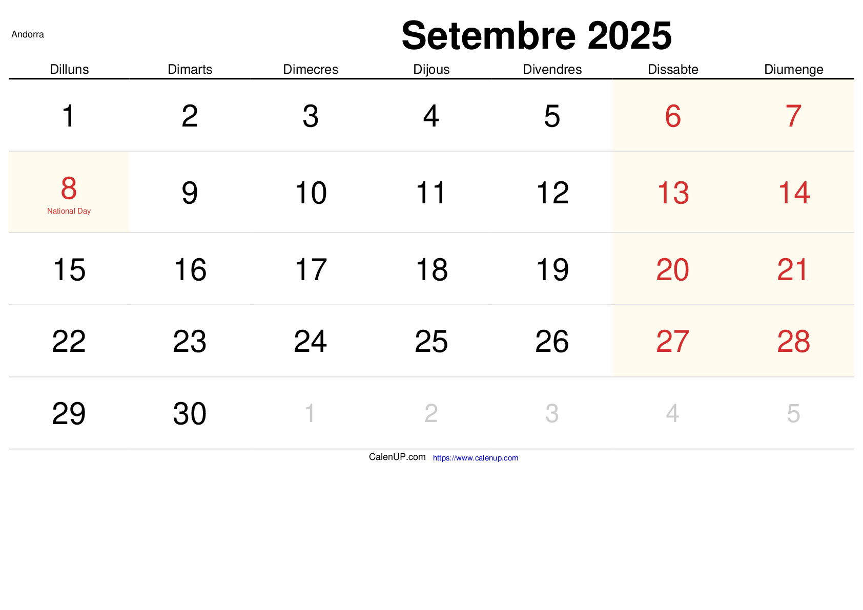 Calendari Setembre 2025