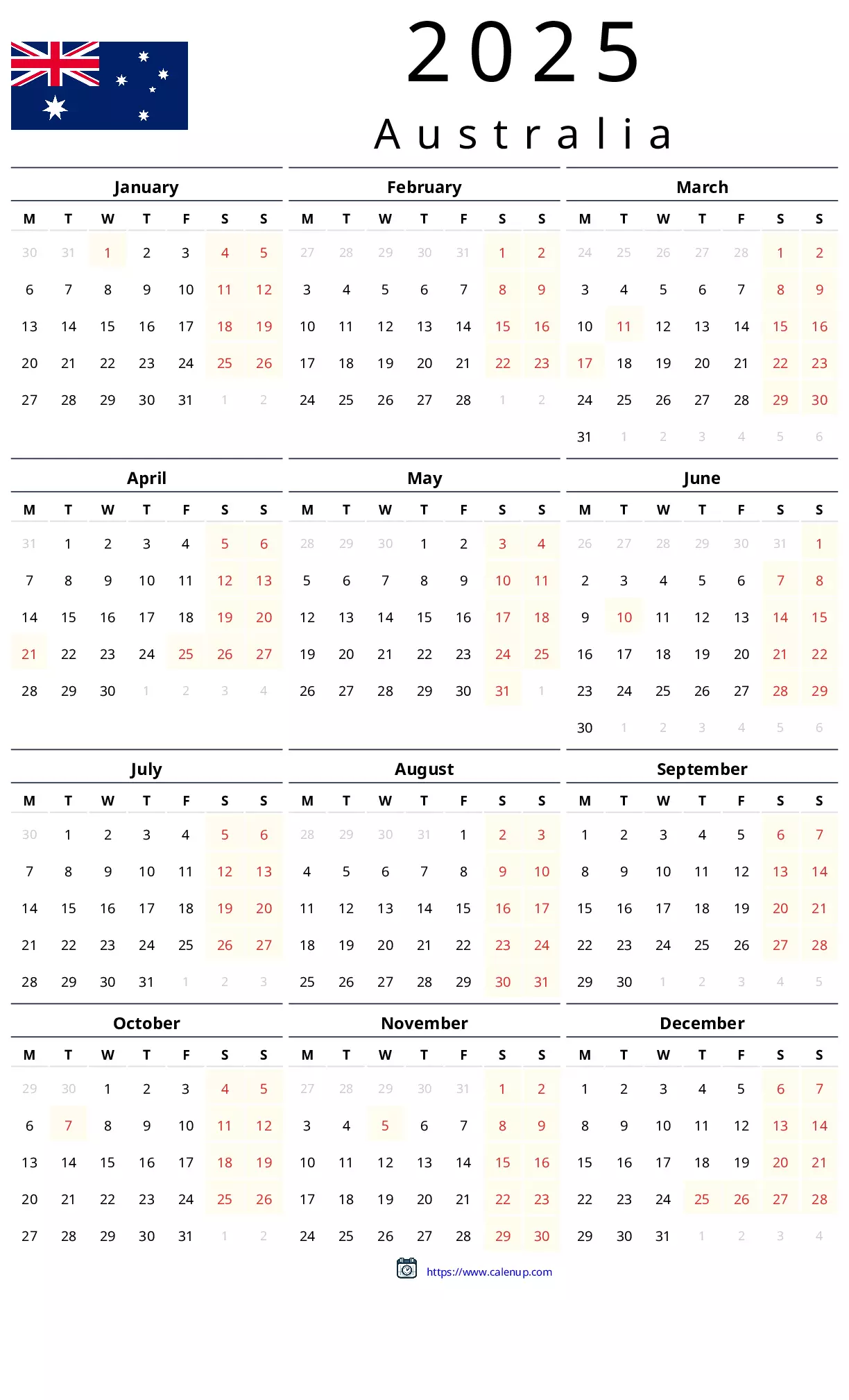 2025 Calendar Printable with Holidays for Australia CalenUP