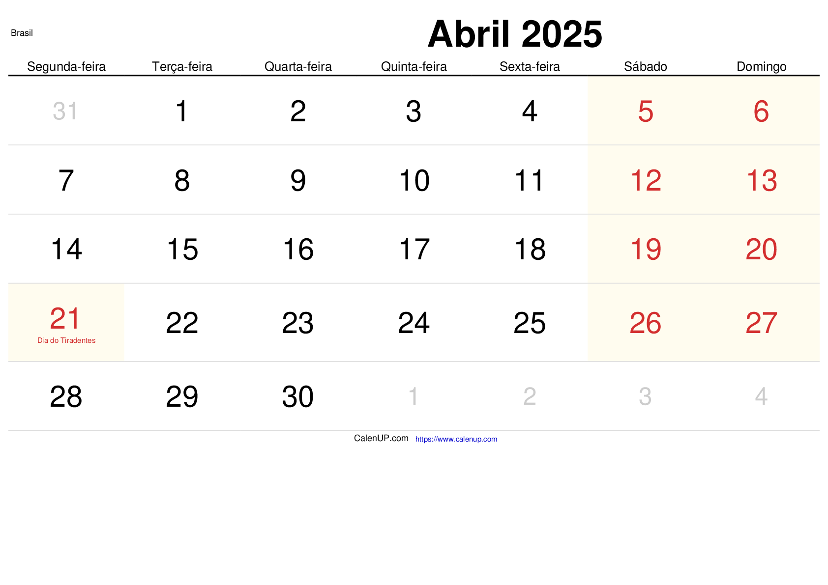 Calendário de Abril de 2025 