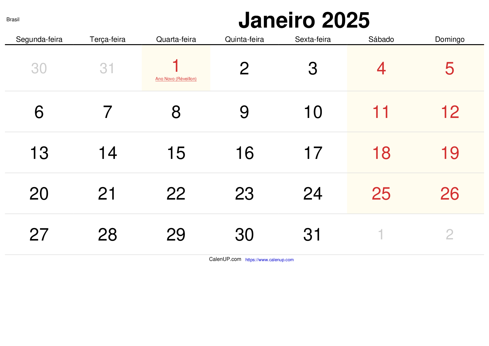 Calendário de Janeiro de 2025 