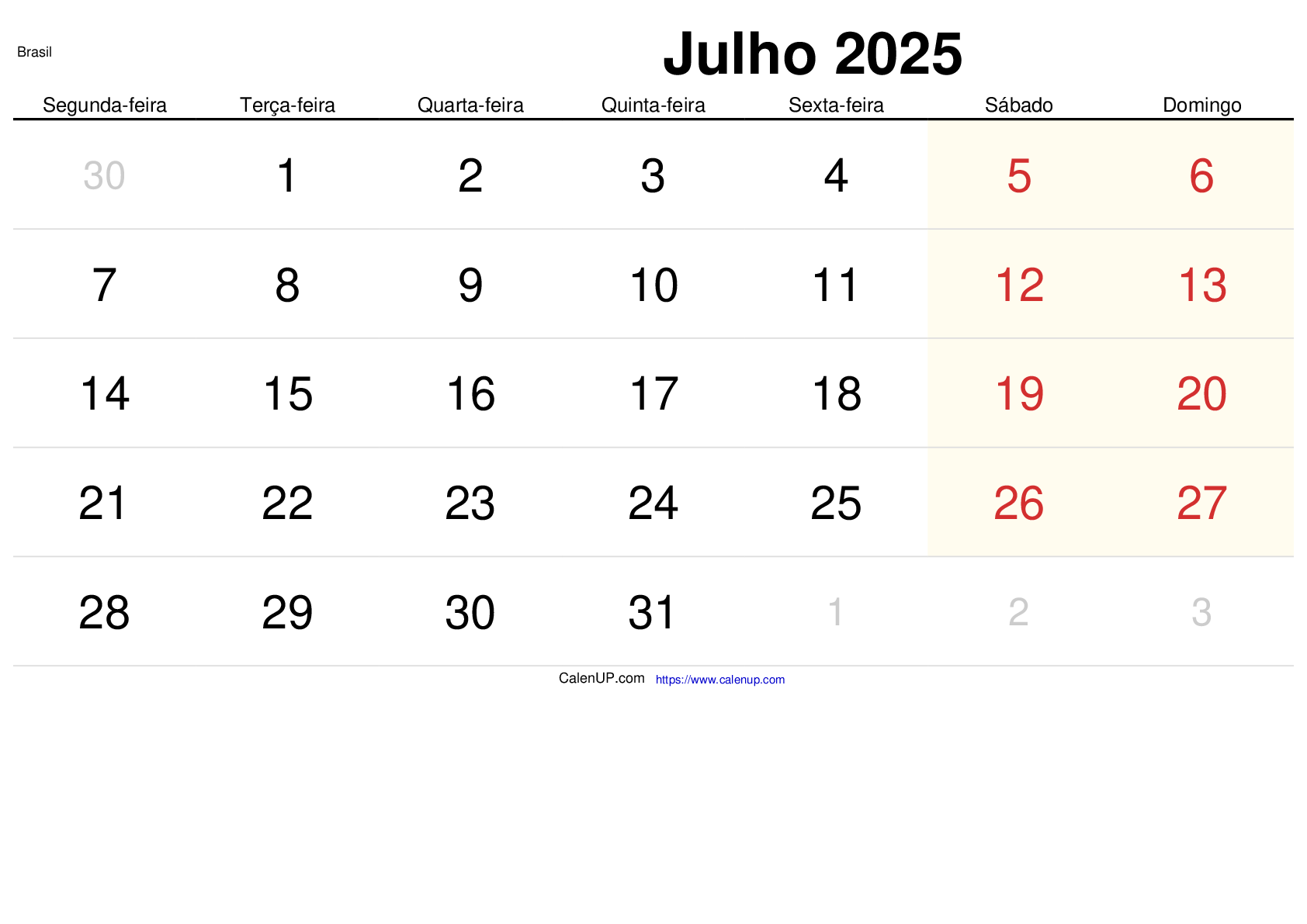 Calendário de Julho de 2025 