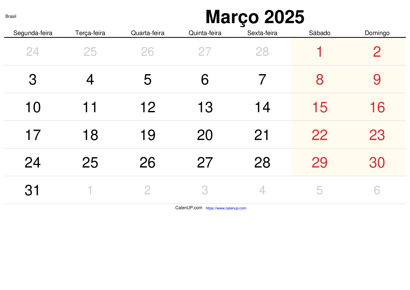 Calendário de Março de 2025 