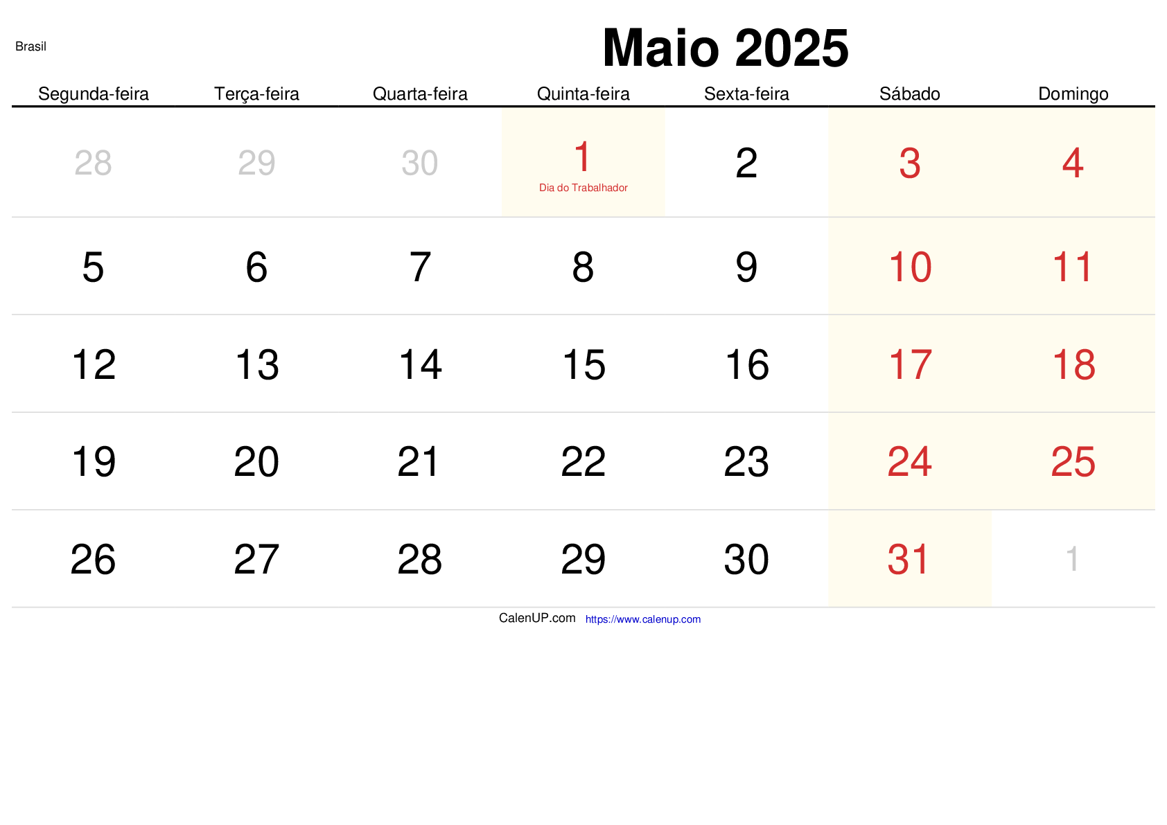 Calendário de Maio de 2025 