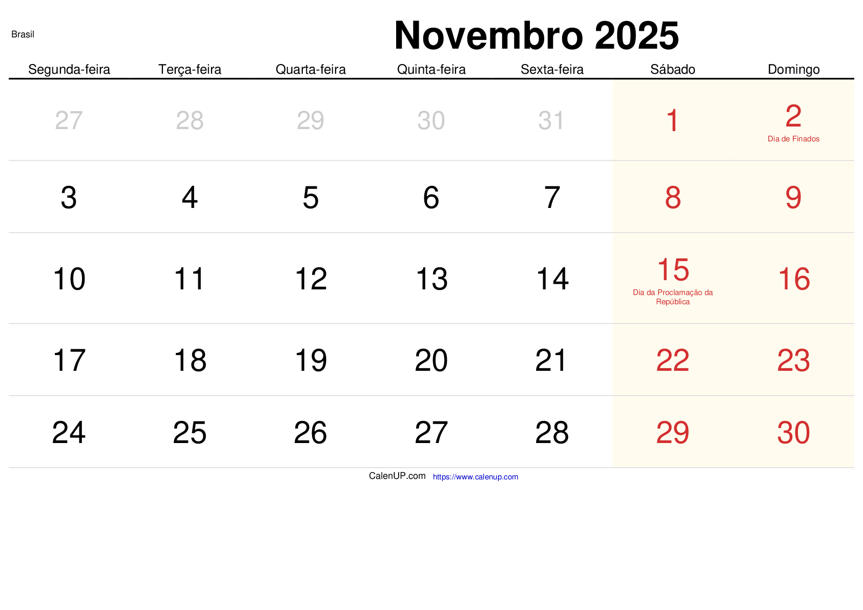 Calendário de Novembro de 2025 