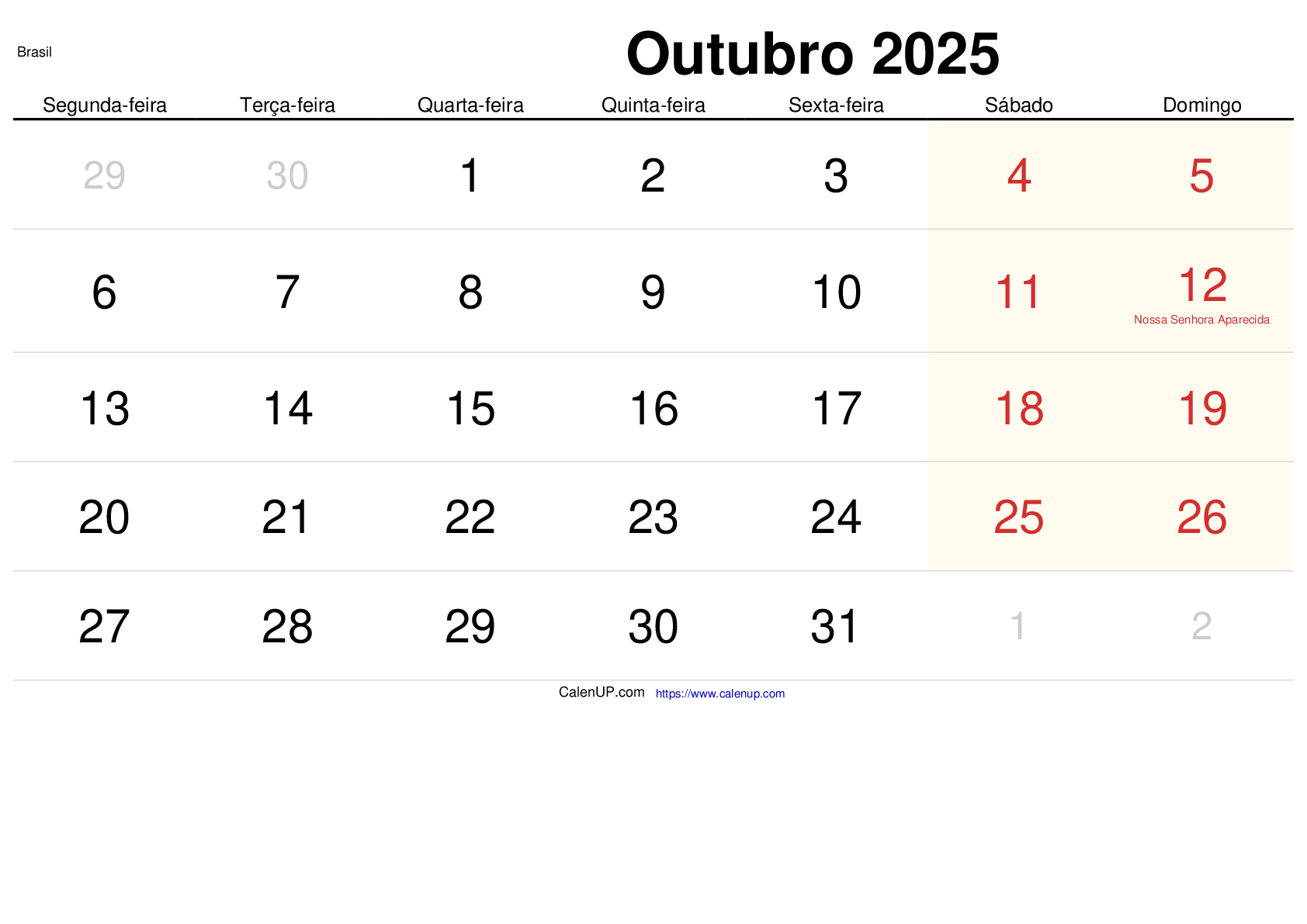 Calendário de Outubro de 2025 