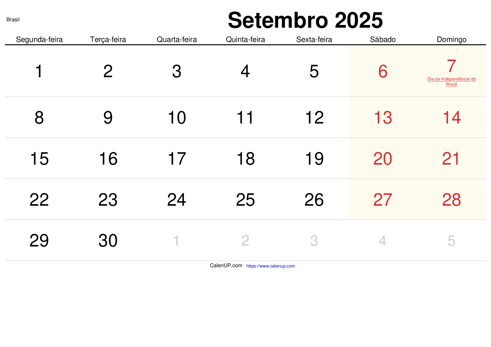 Calendário de Setembro de 2025 