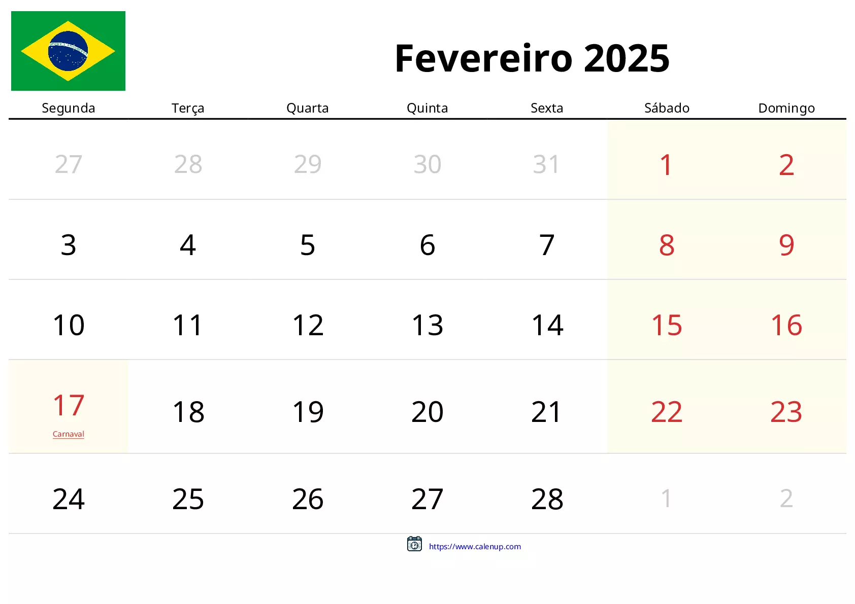 Calendário de Fevereiro de 2025 para Brasil - Feriados e PDF Grátis ...