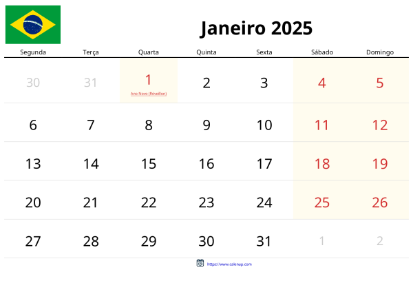 Calendário de Janeiro de 2025 para Brasil - Feriados e PDF Grátis para ...