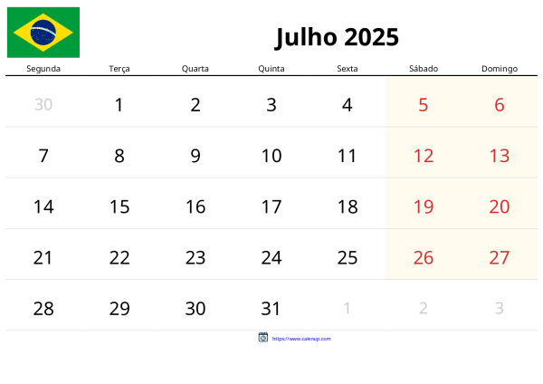 Calendário de Julho de 2025 para Brasil - Feriados e PDF Grátis para ...