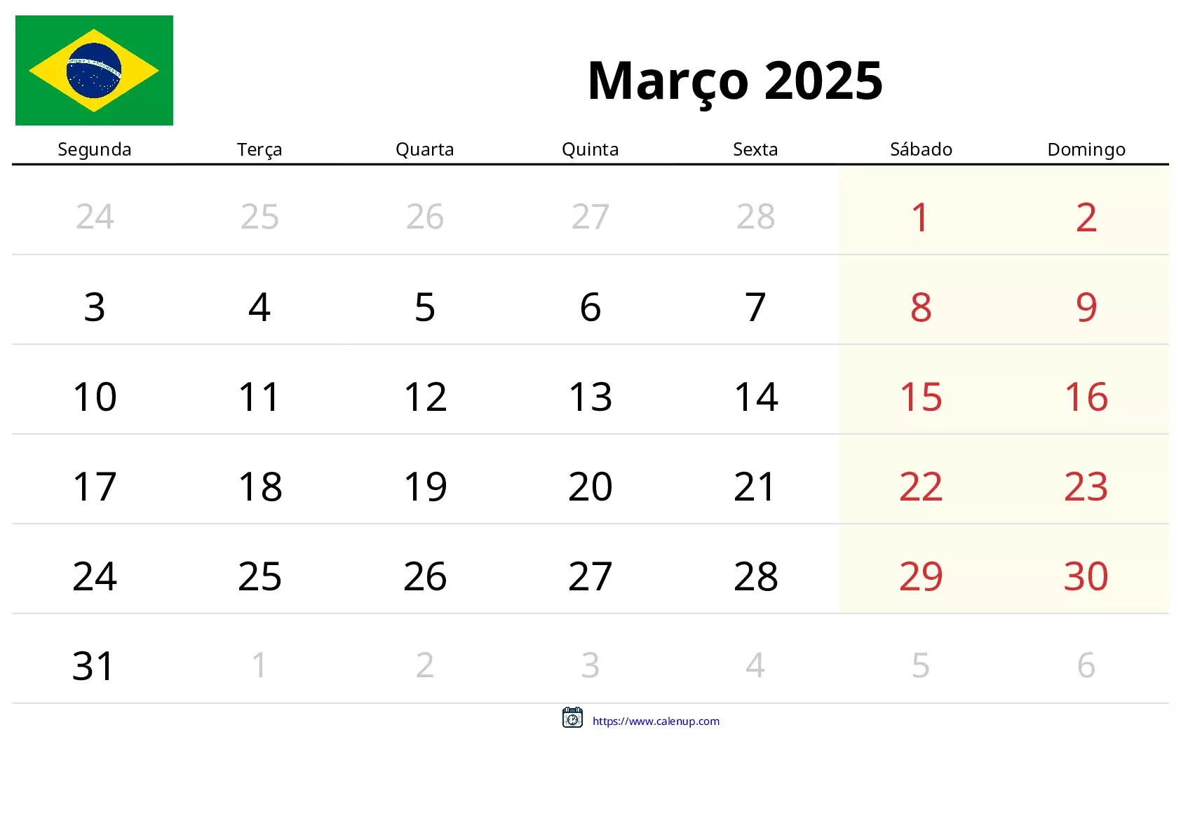 Calendário de Março de 2025 para Brasil - Feriados e PDF Grátis para ...