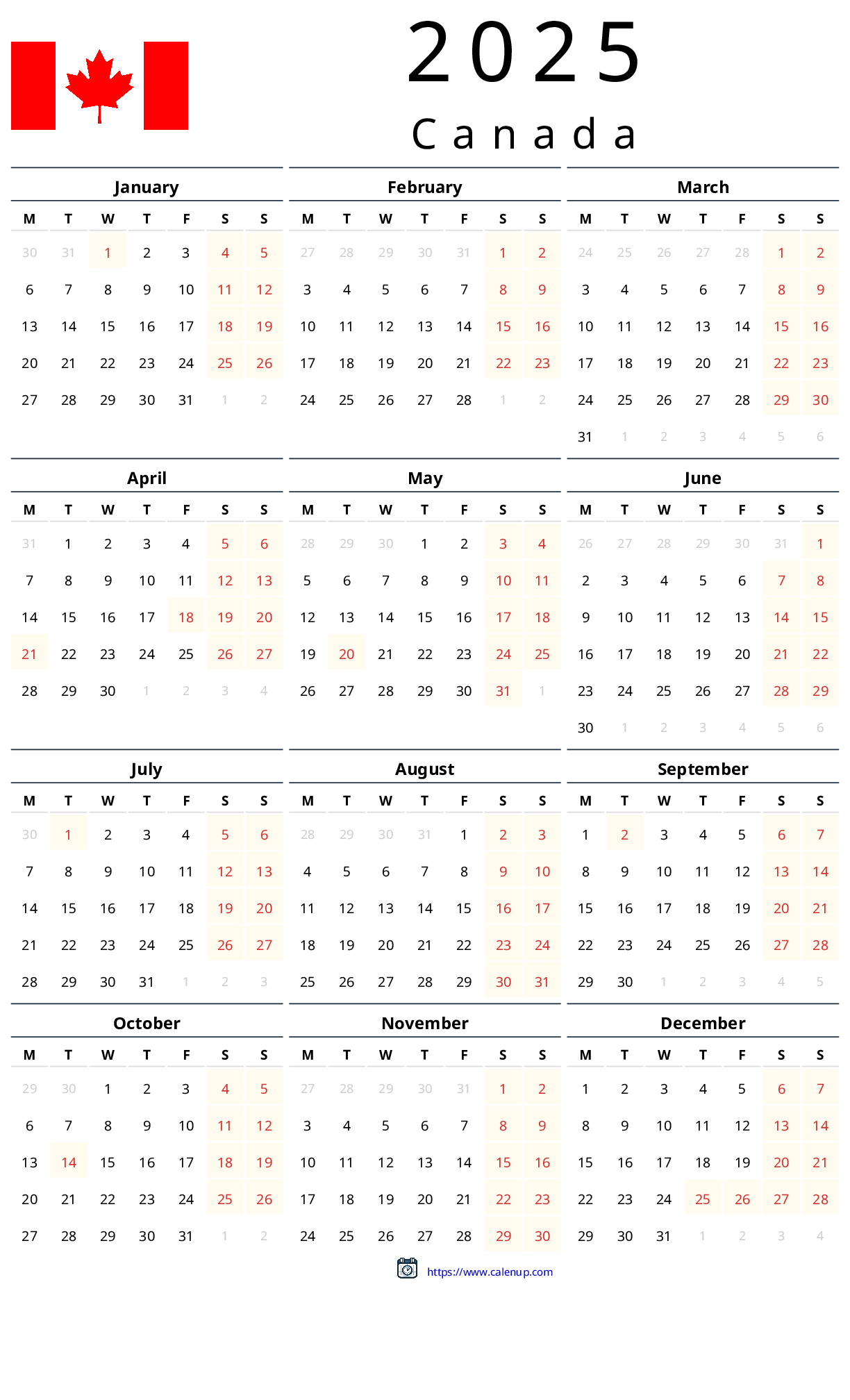 Kalender 2025 mit Feiertagen für Kanada Druckbares PDF und Excel