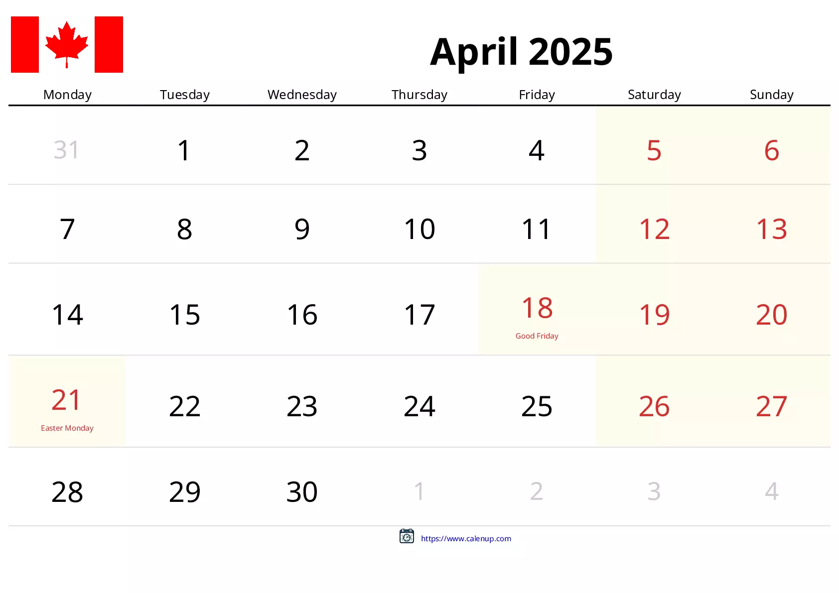 Druckbarer April 2025 Kalender für Kanada CalenUP