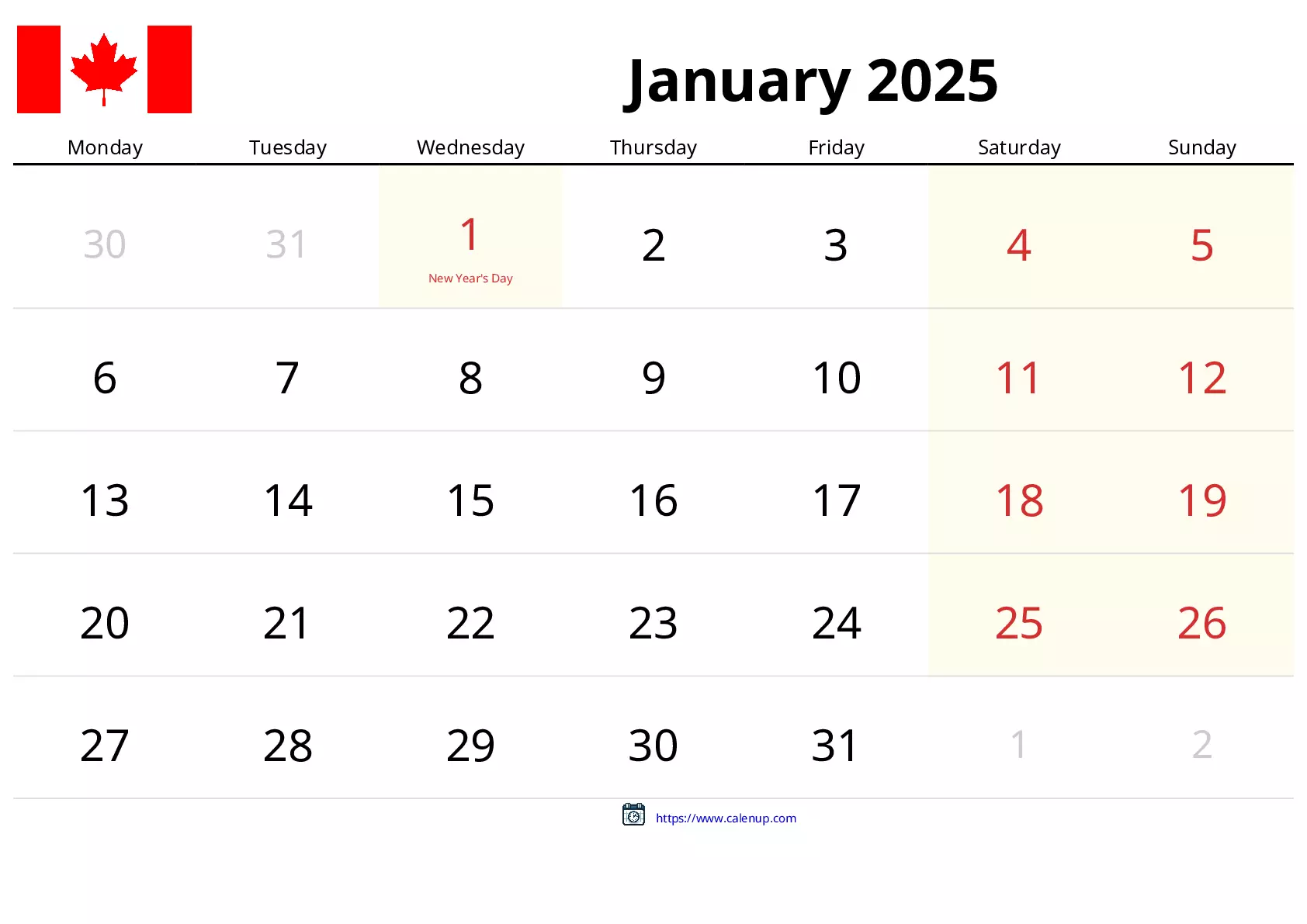 January 2025 Calendar Printable for Canada CalenUP