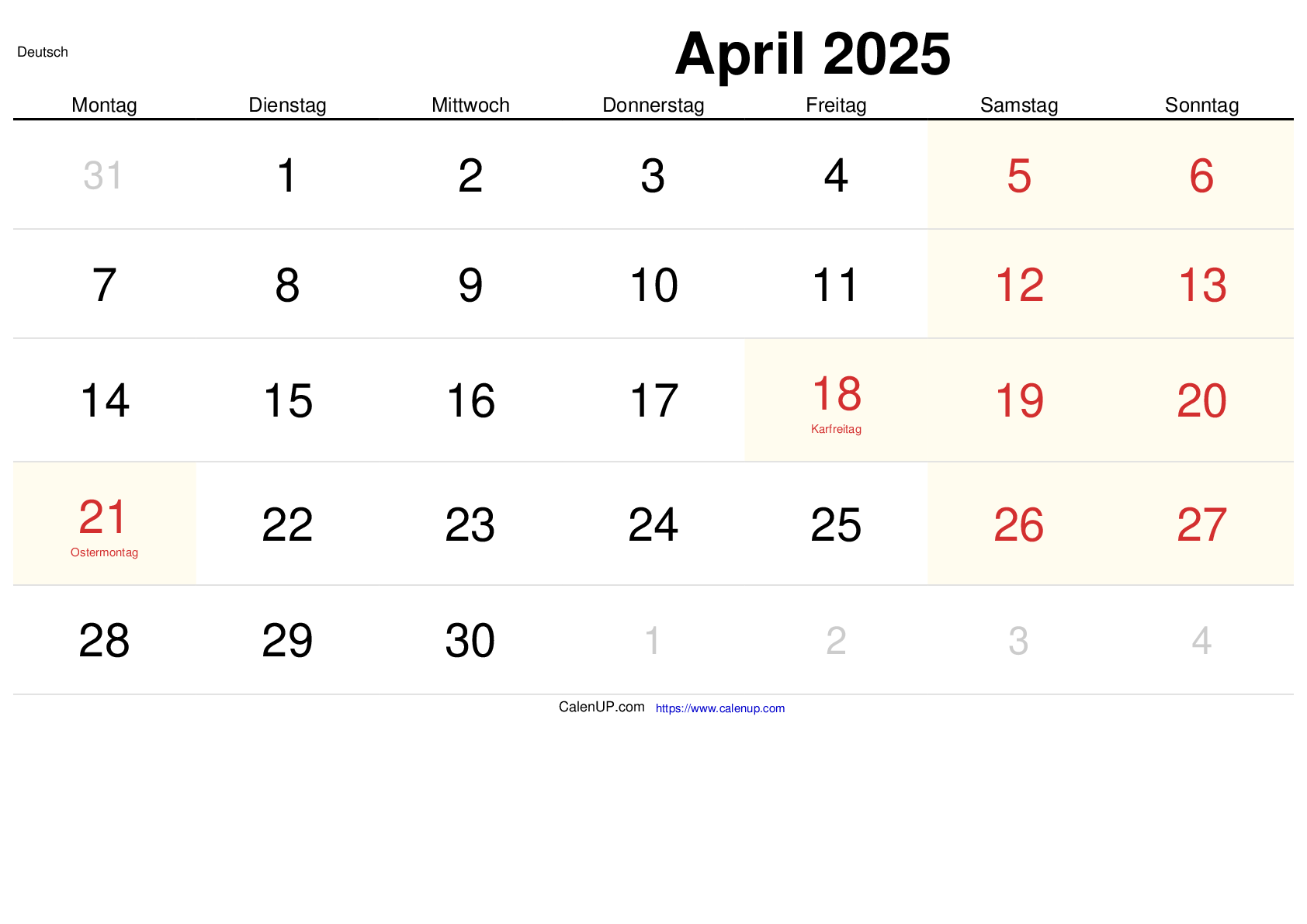 April 2025 Kalender