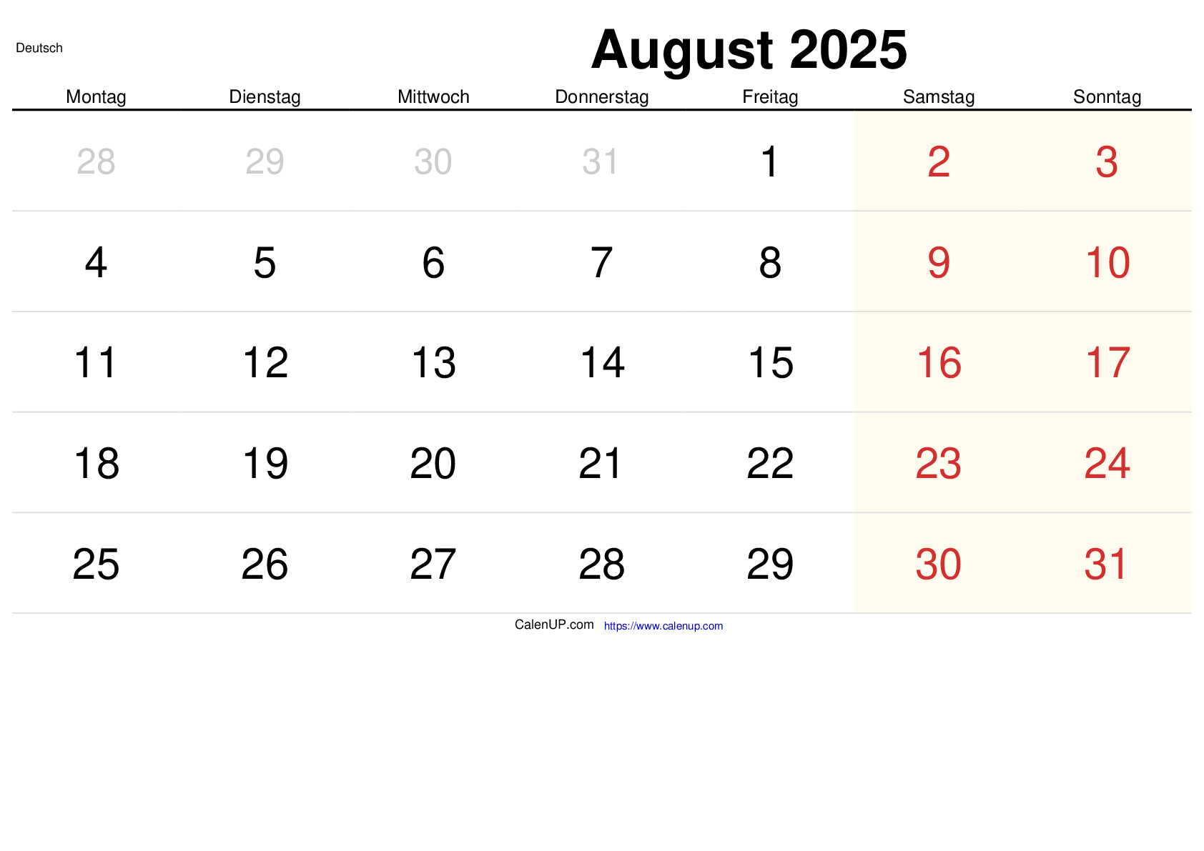 August 2025 Kalender