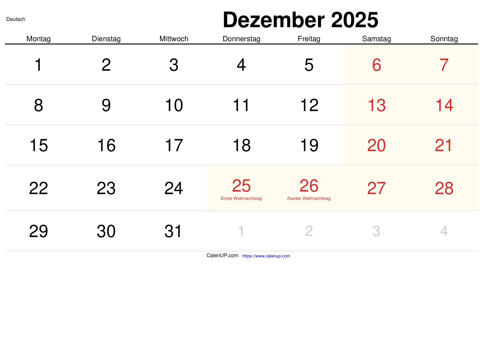 Dezember 2025 Kalender