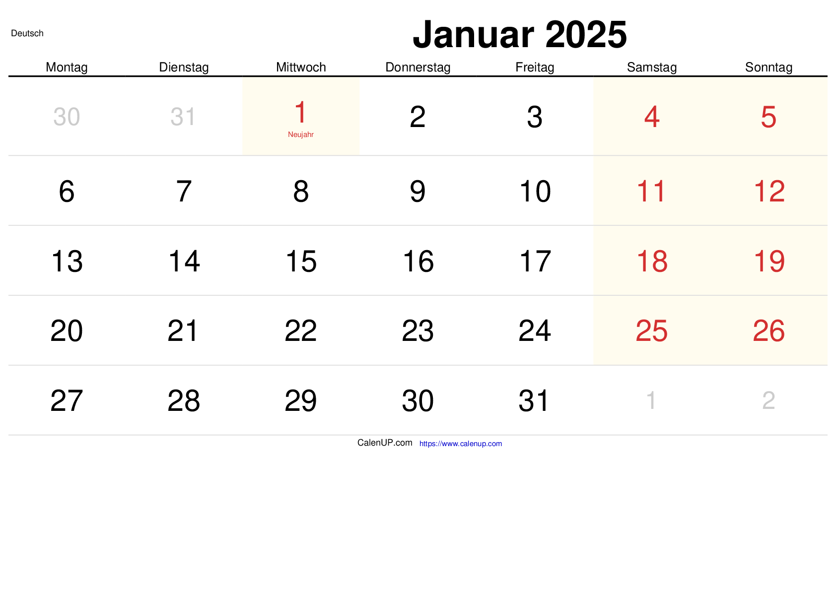 Januar 2025 Kalender