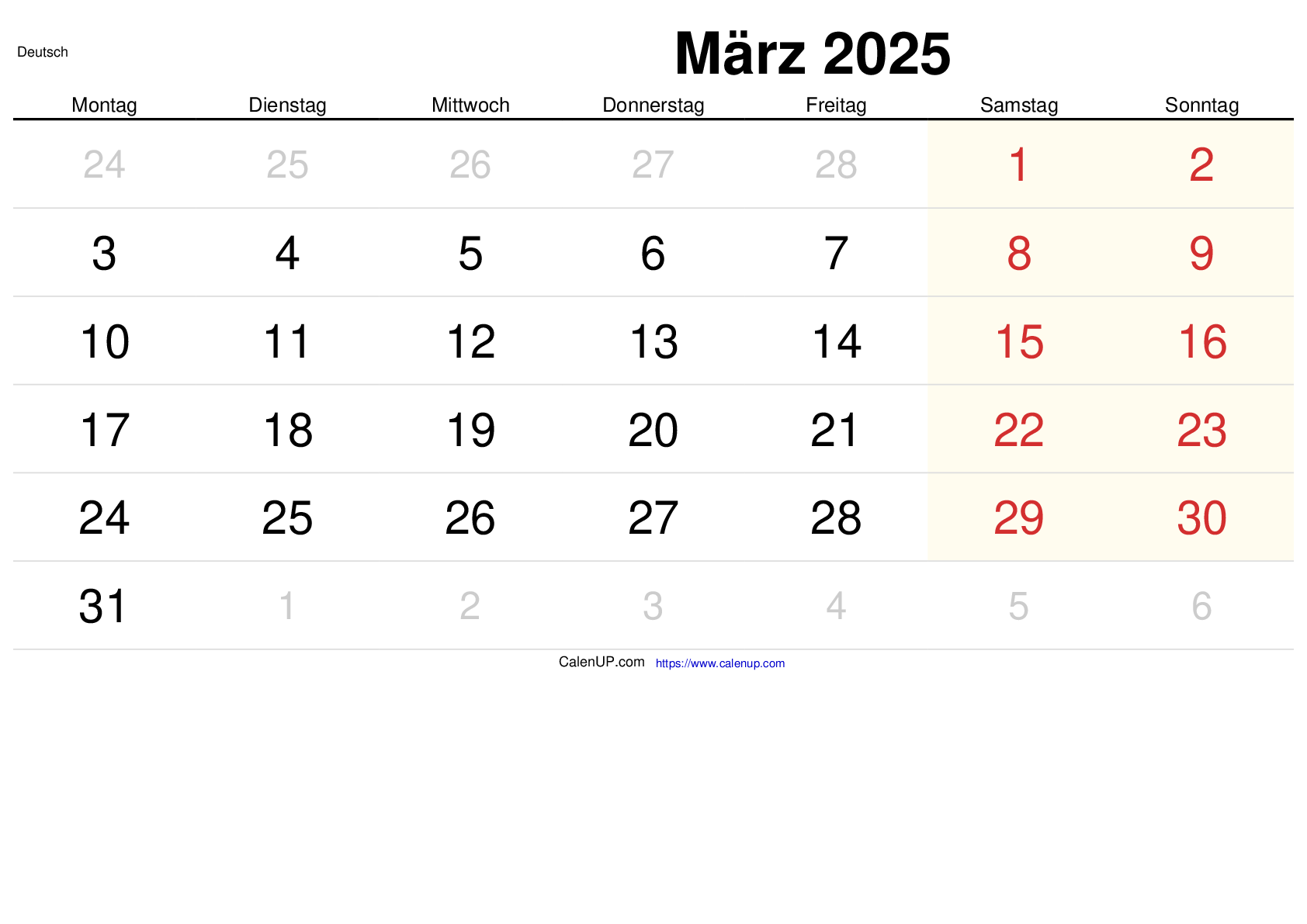 März 2025 Kalender