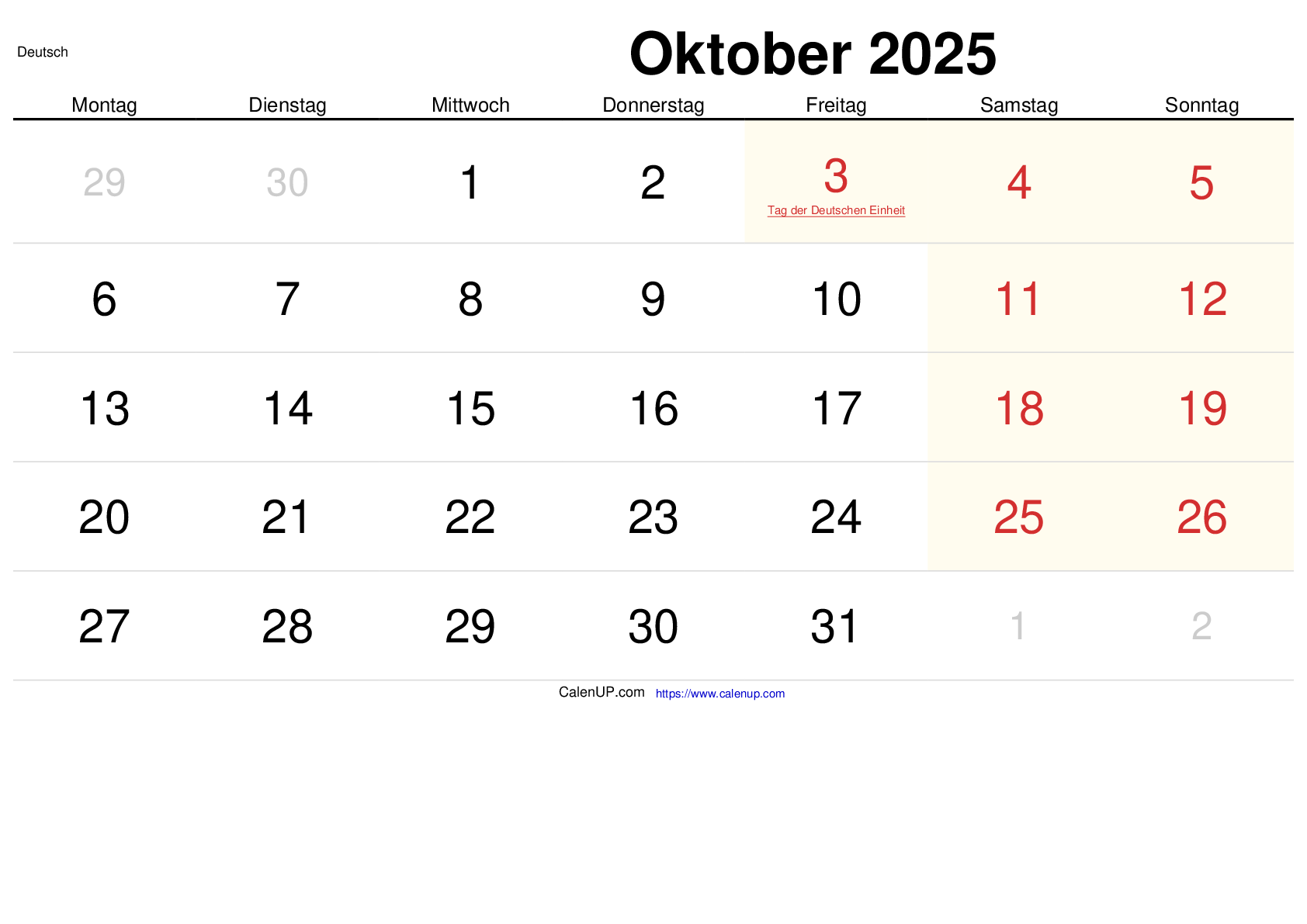 Oktober 2025 Kalender