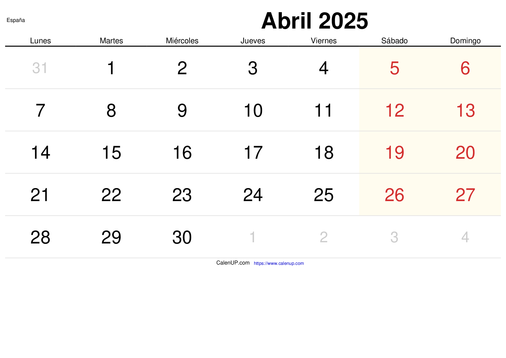 Calendario Abril 2025