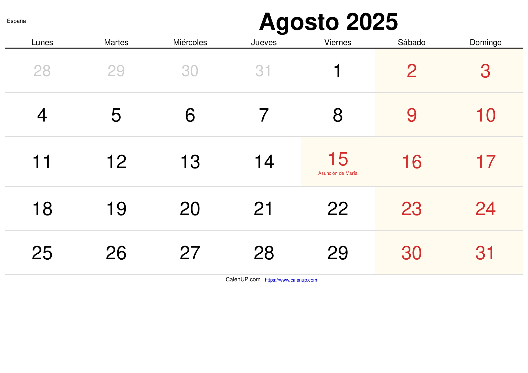 Calendario Agosto 2025