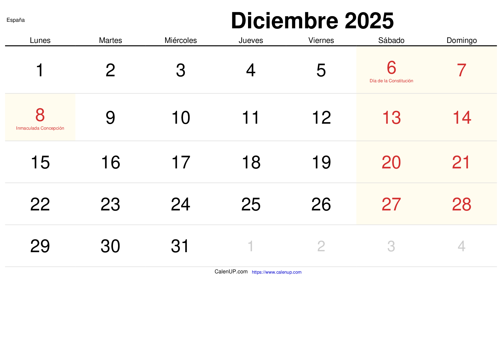 Calendario Diciembre 2025