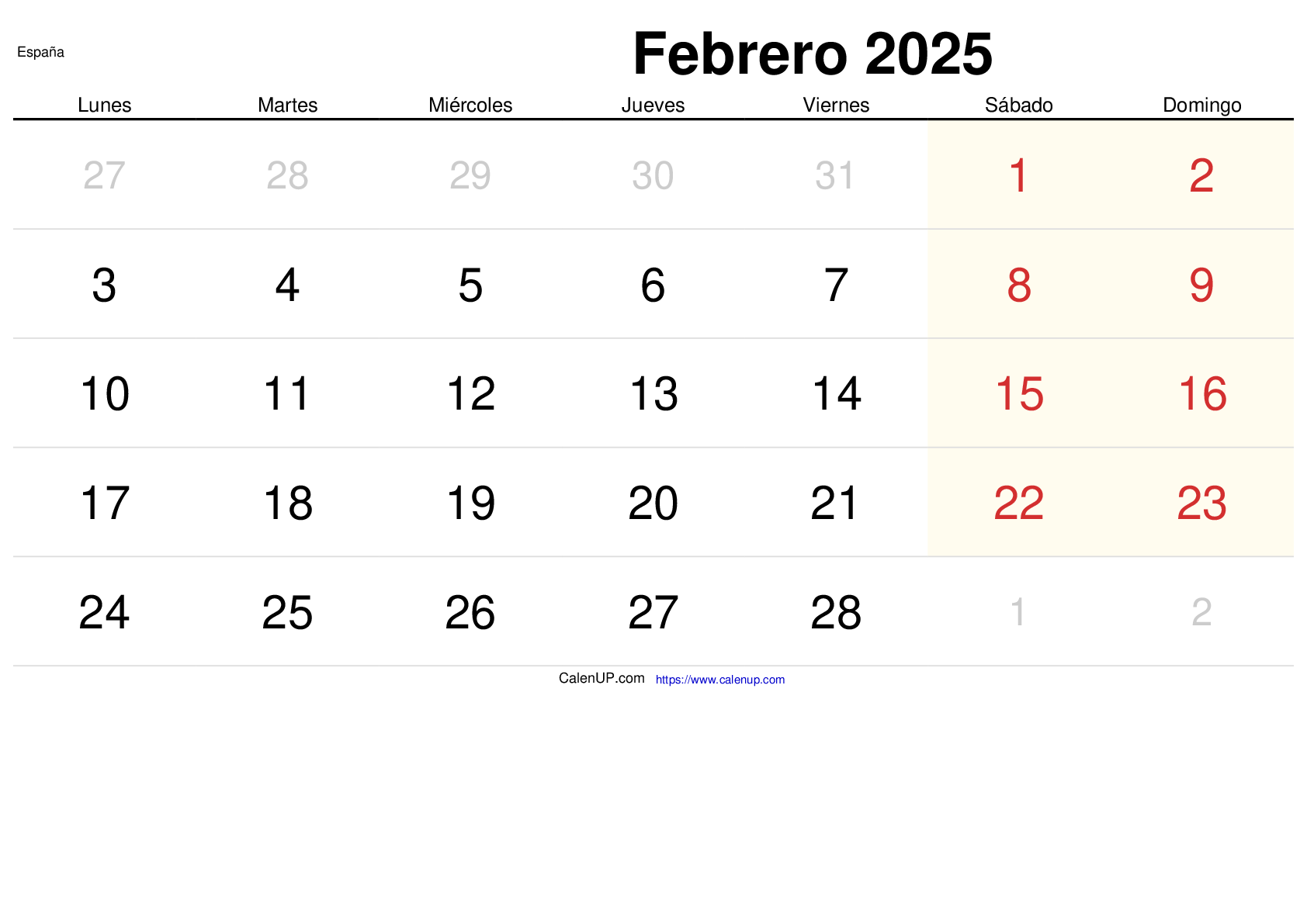 Calendario Febrero 2025