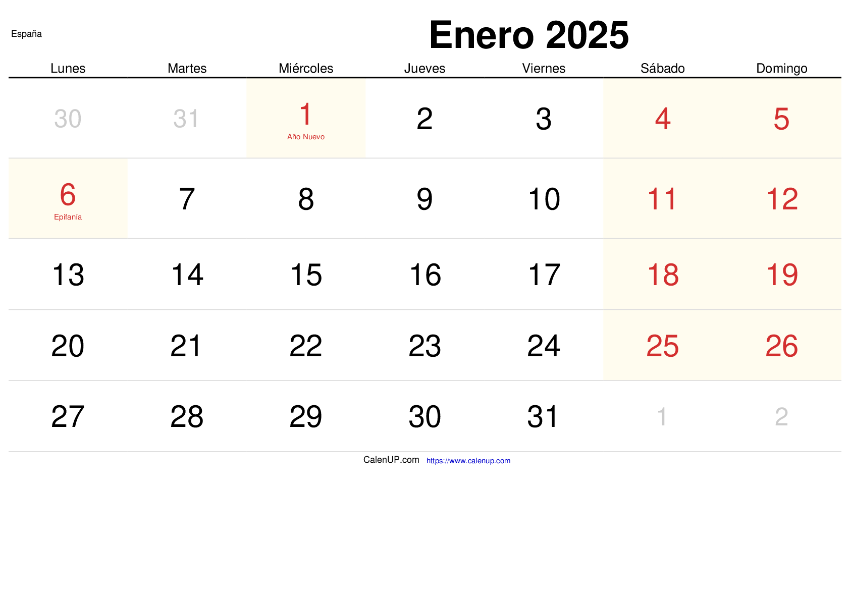 Calendario Enero 2025