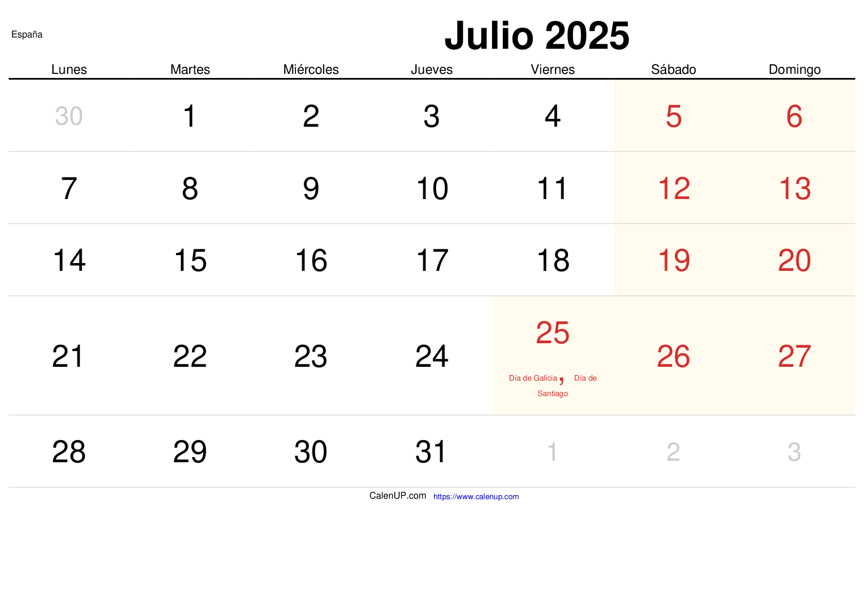 Calendario Julio 2025