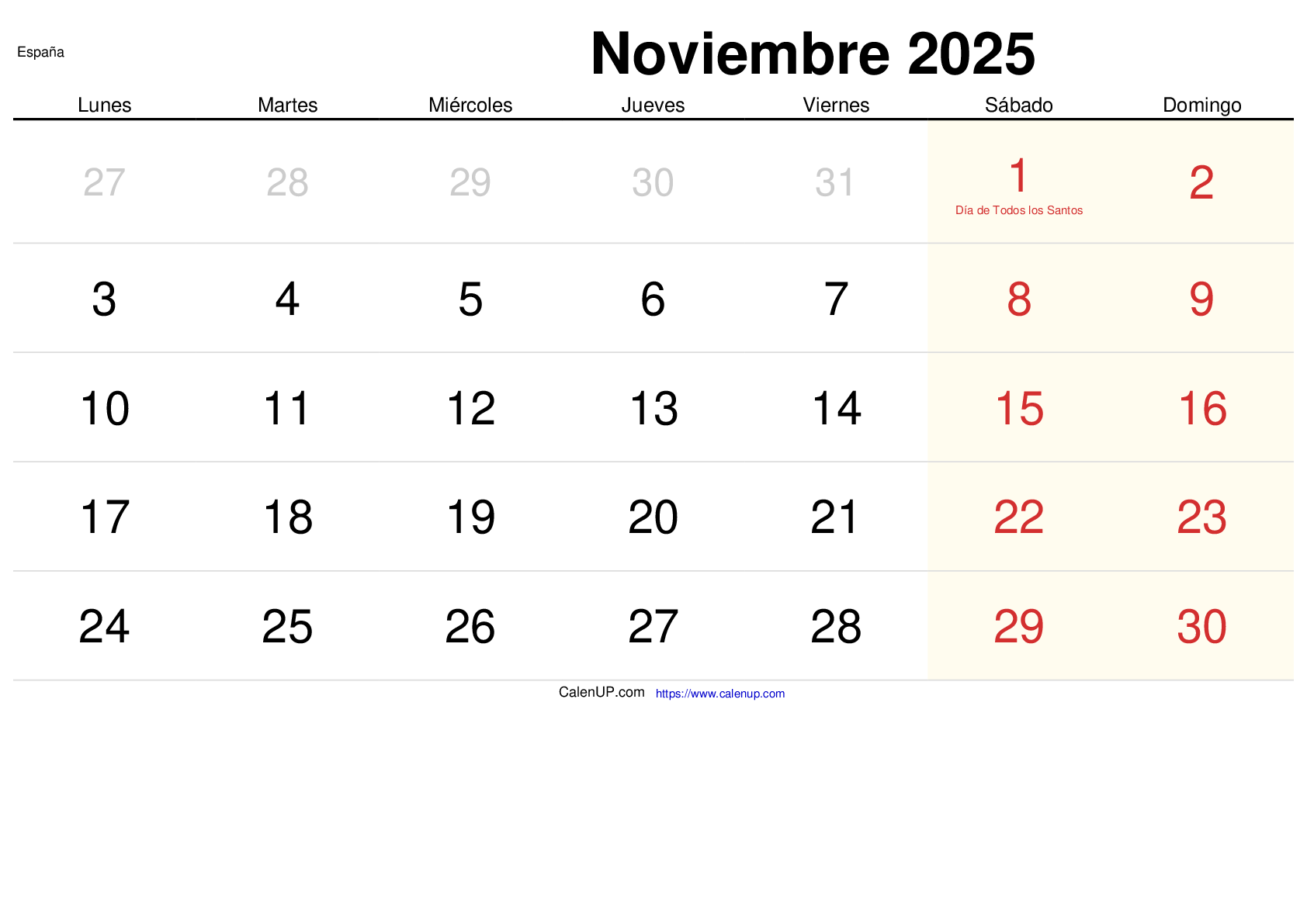 Calendario Noviembre 2025