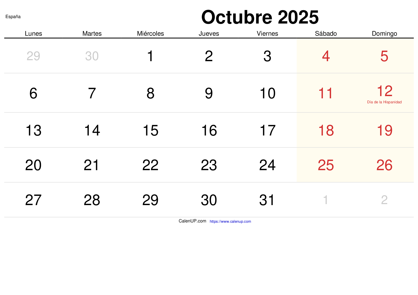 Calendario Octubre 2025