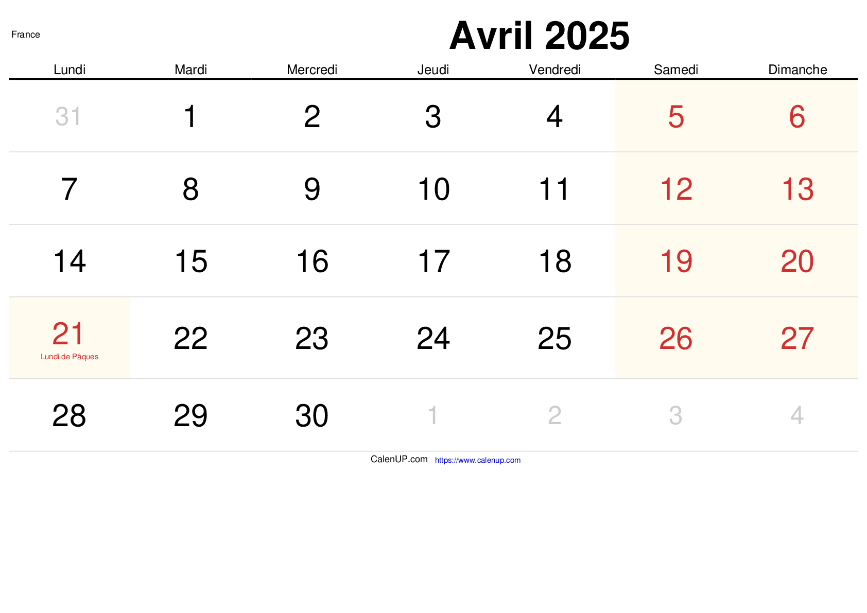 Calendrier Avril 2025