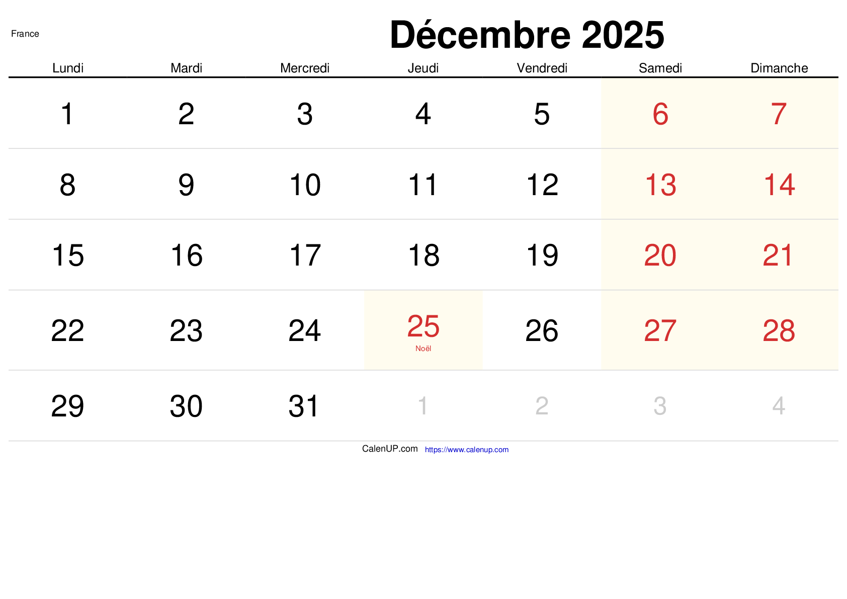 Calendrier Décembre 2025