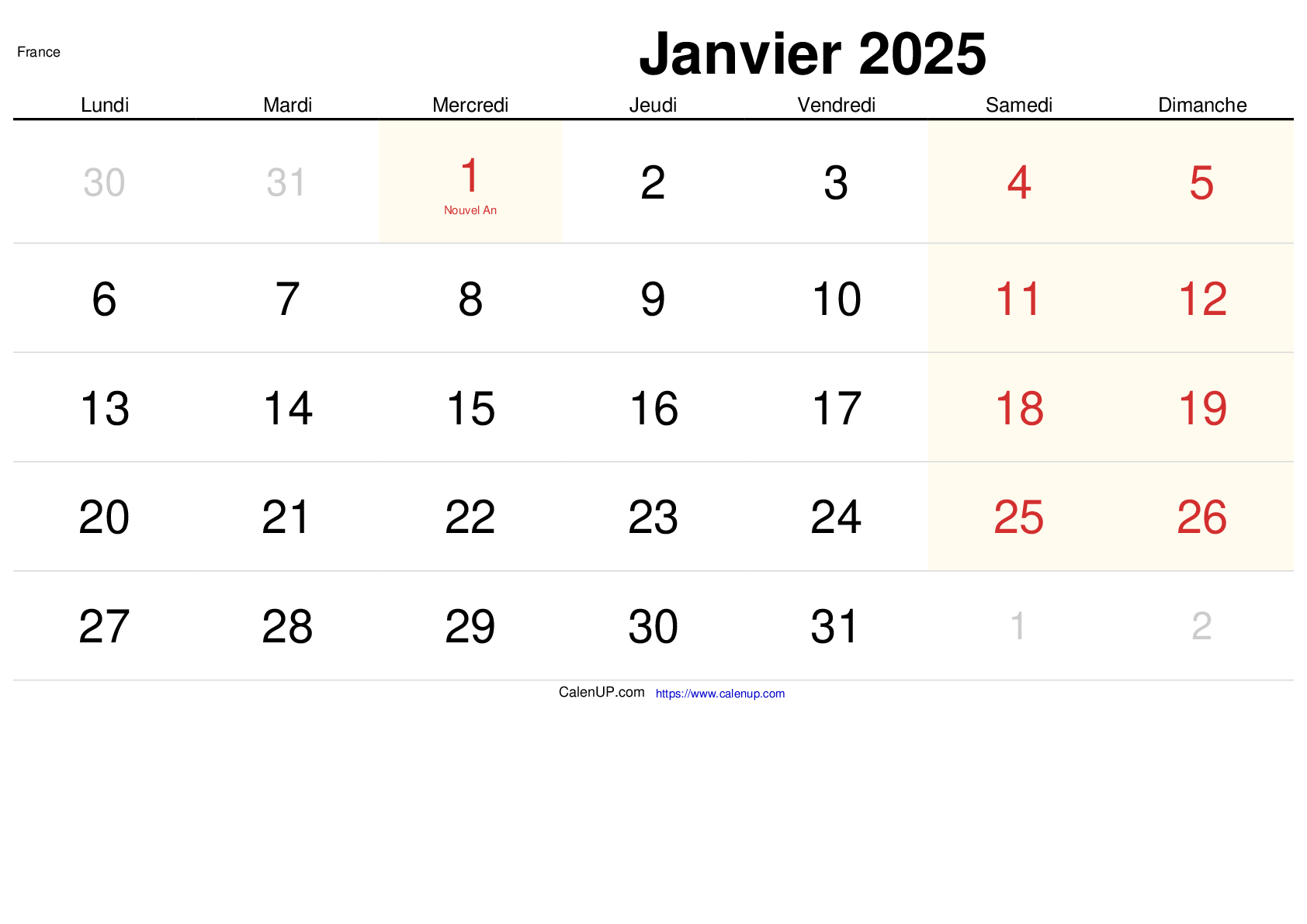 Calendrier Janvier 2025