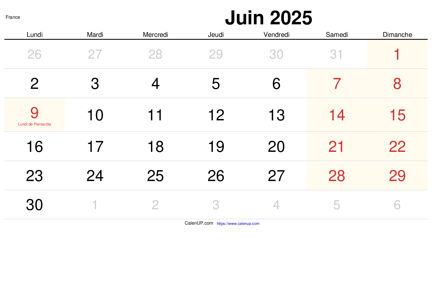 Calendrier Juin 2025