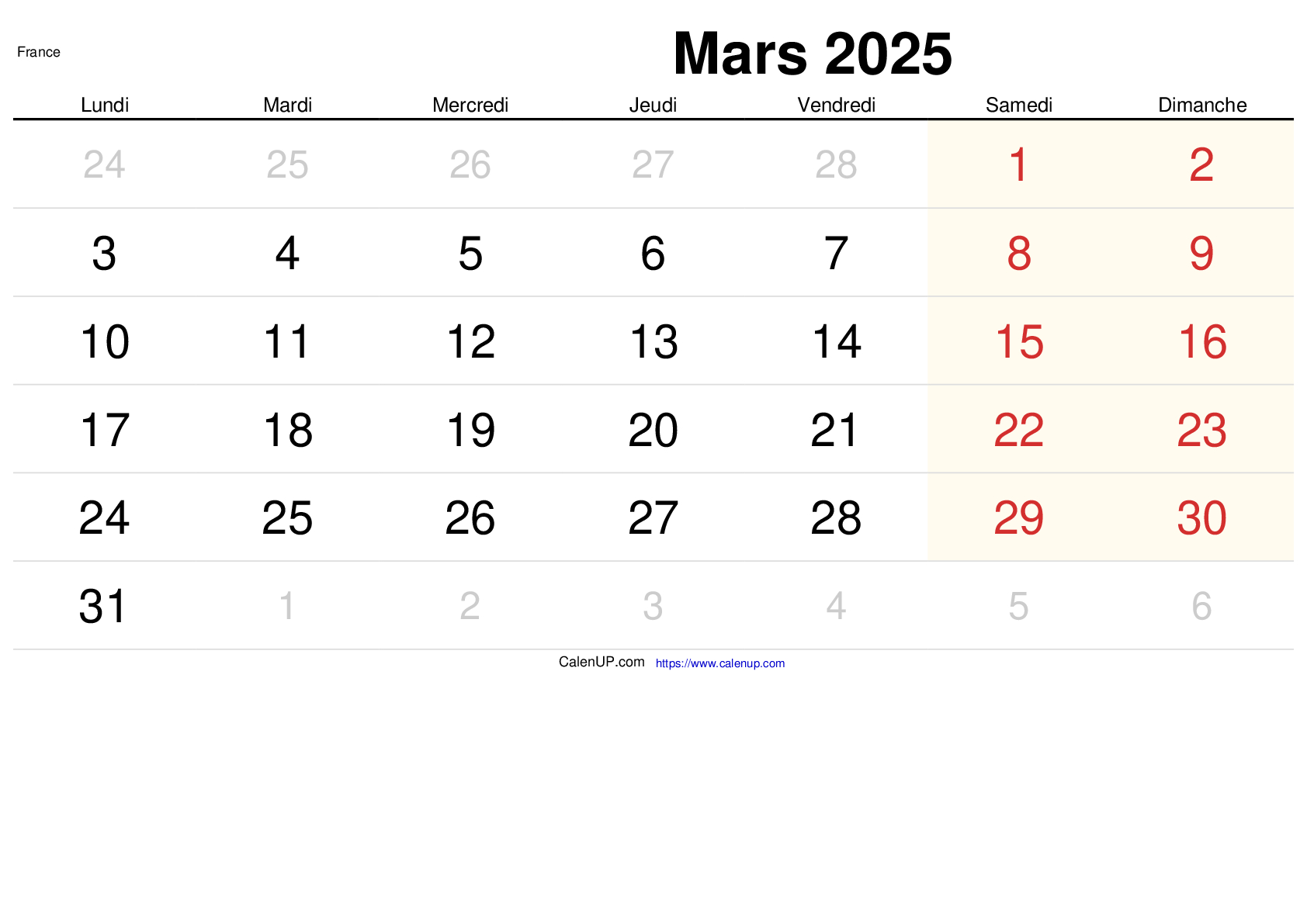 Calendrier Mars 2025