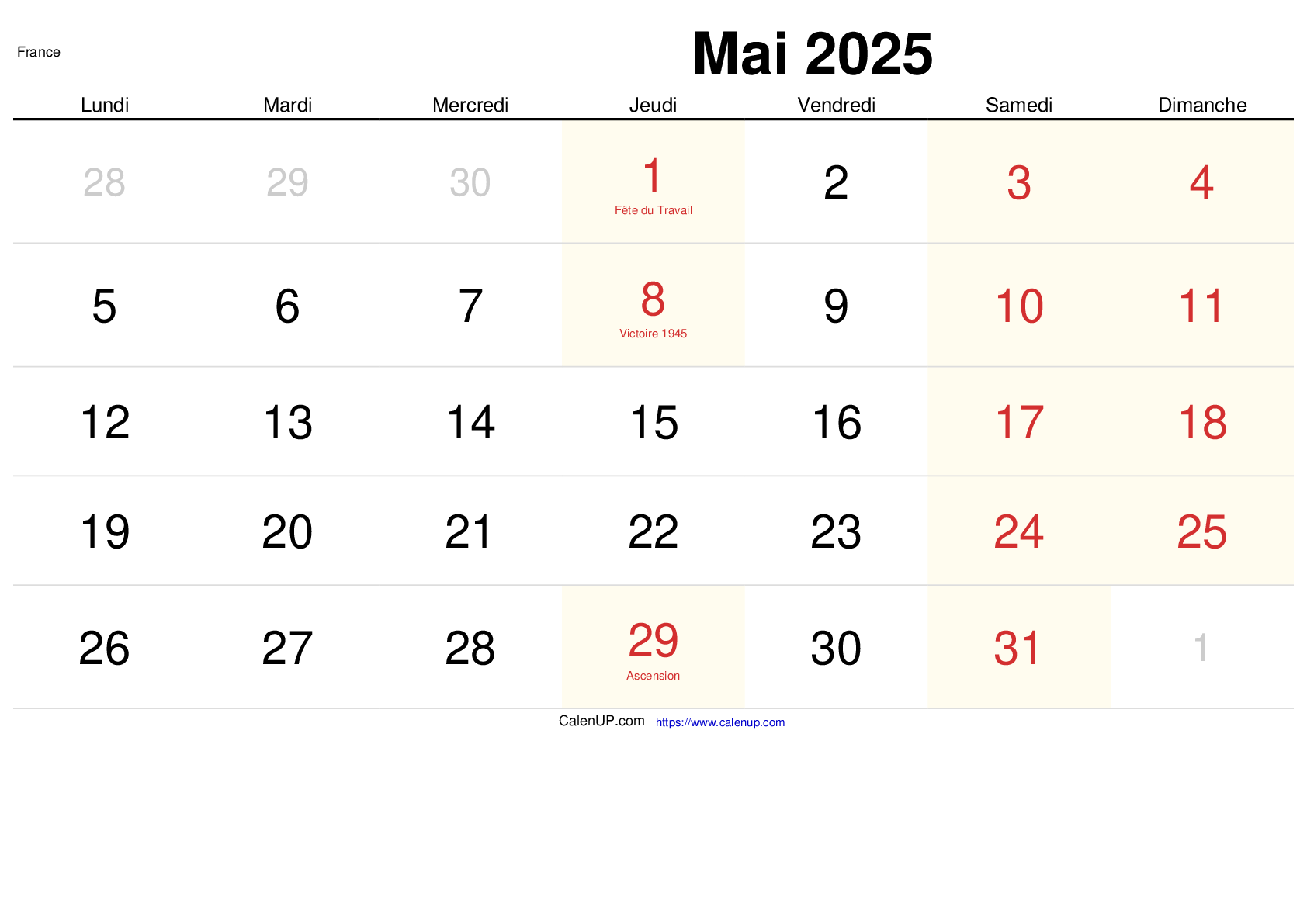 Calendrier Mai 2025