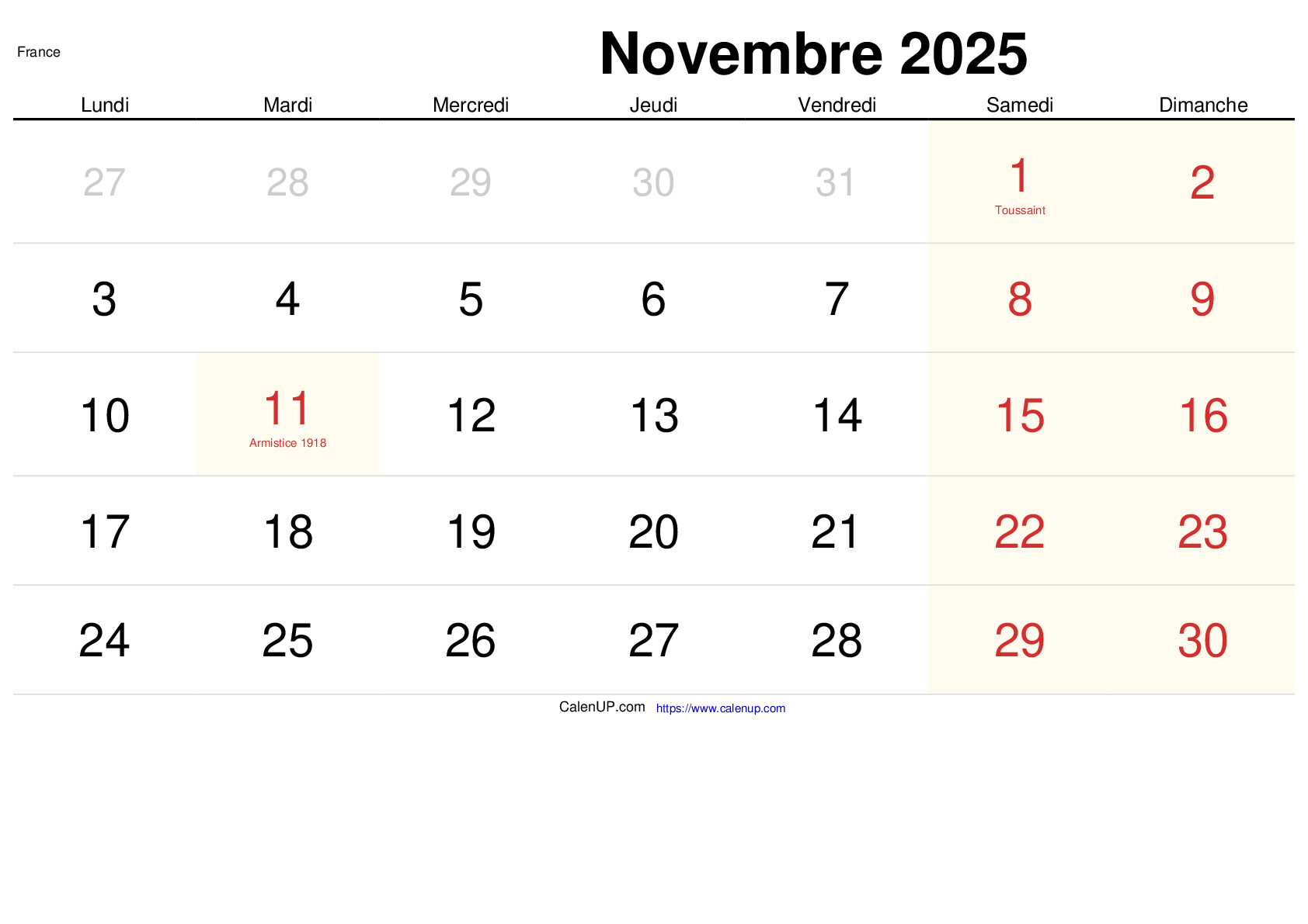 Calendrier Novembre 2025