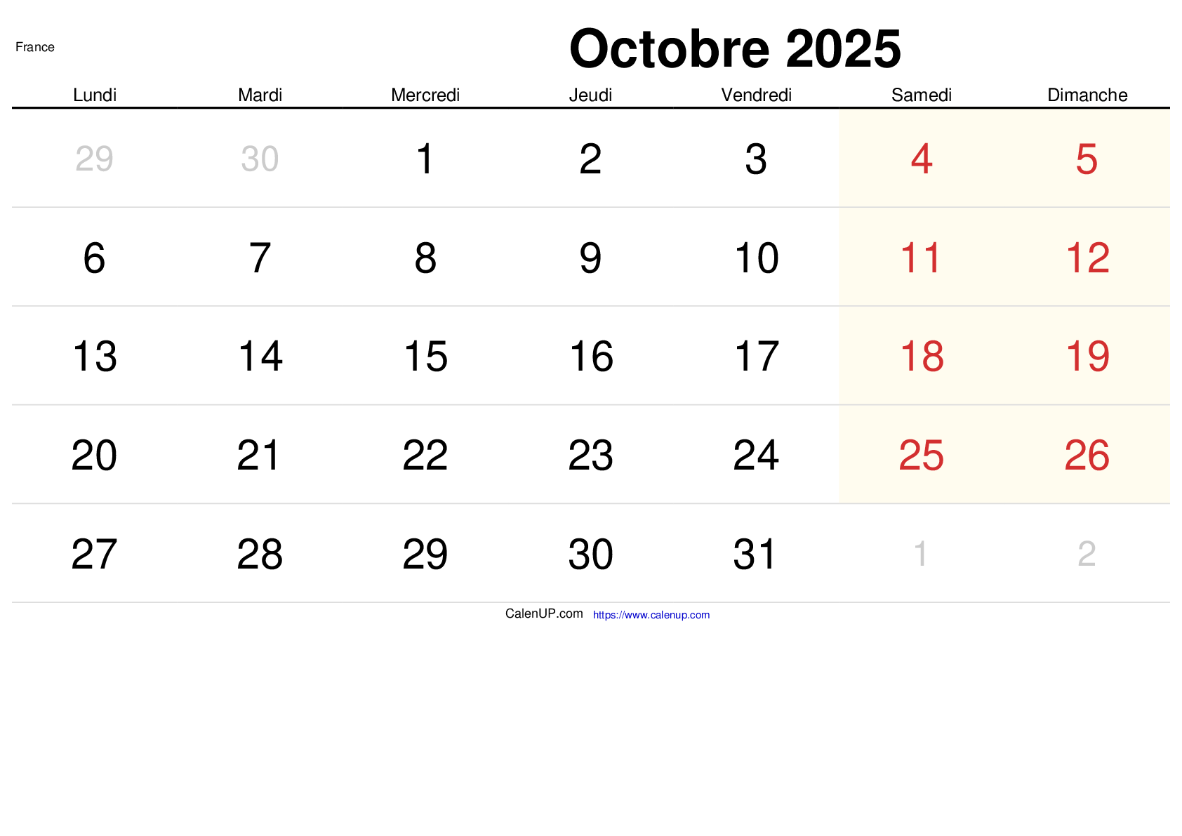 Calendrier Octobre 2025