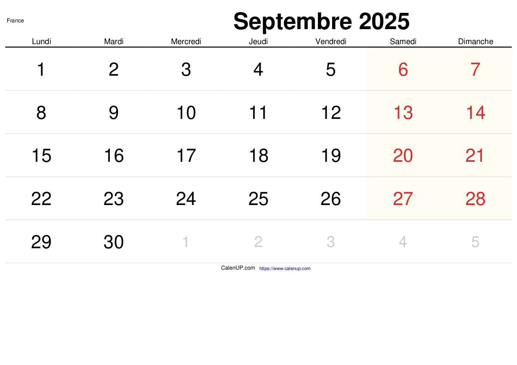 Calendrier Septembre 2025