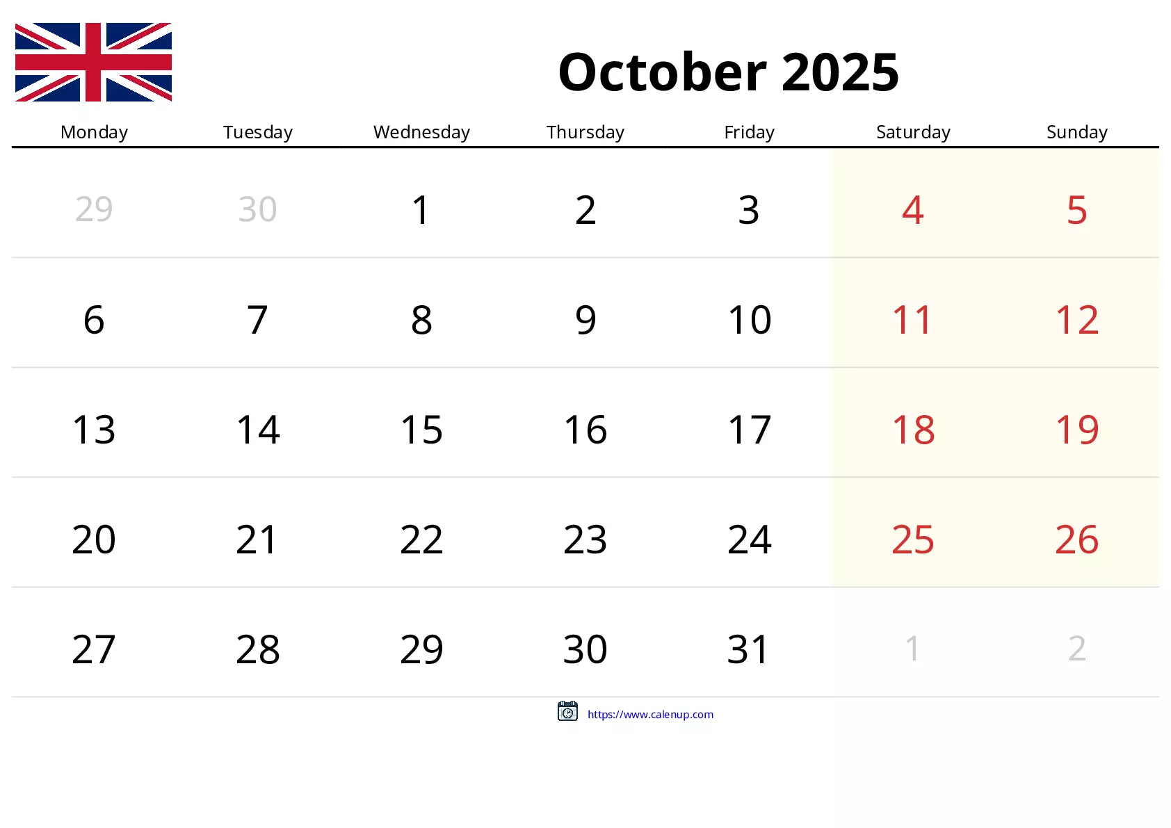 October 2025 Calendar (United Kingdom): Holidays and Events of the